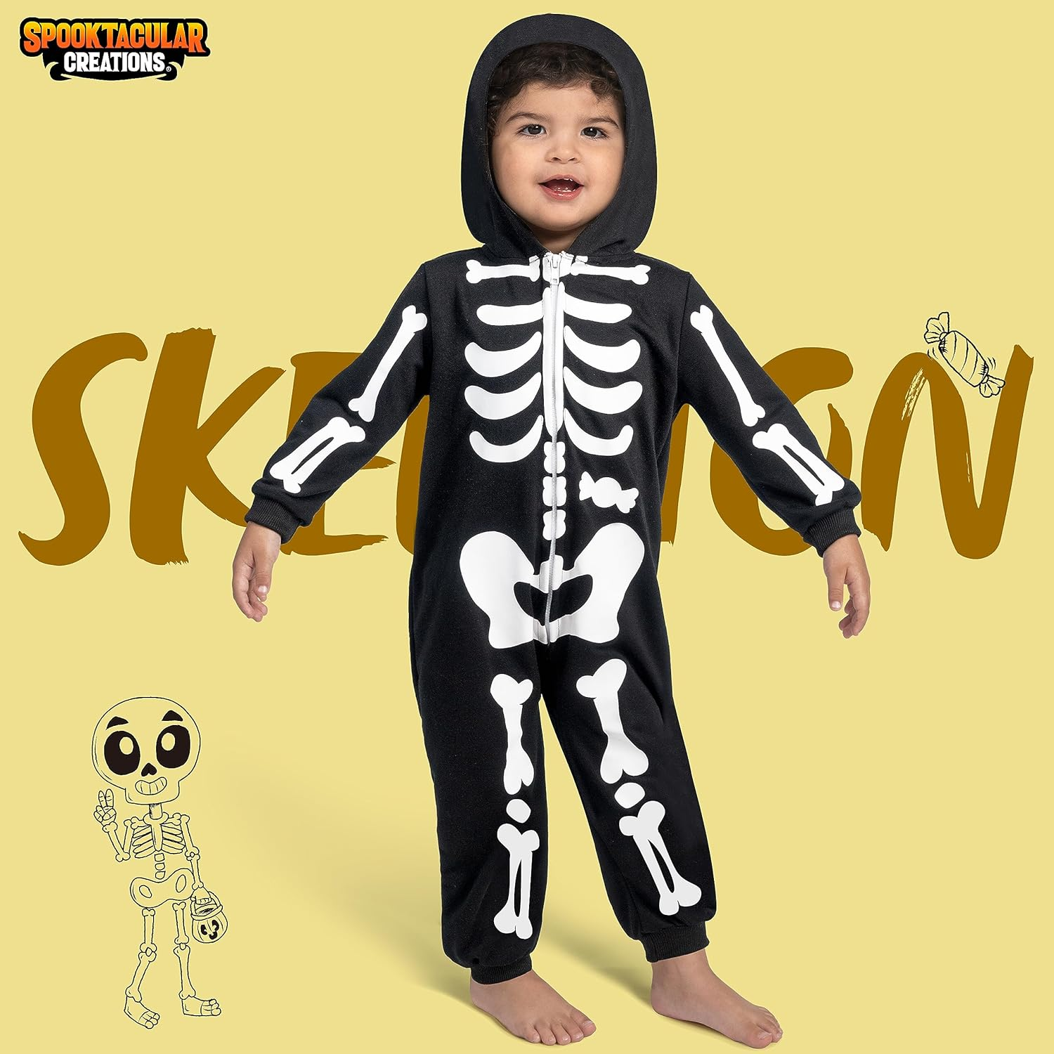 Spooktacular Creations Halloween Skeleton Costume Baby, Unisex Skeleton Jumpsuit for Toddler Halloween Dress up Costume Party image number 5
