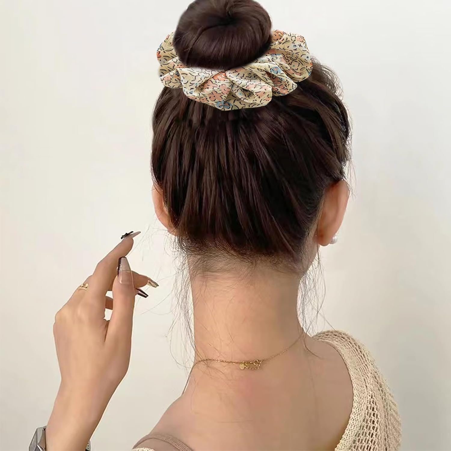 Flower Chiffon Hair Scrunchie,6Pcs Floral Plaid Solid Color Scrunchie,Spring Summer Floral Hair Scrunchies,Floral Chiffon Elastic Hair Tie Scrunchie,Floral Plaid Solid Hair Scrunchie for Girls Women