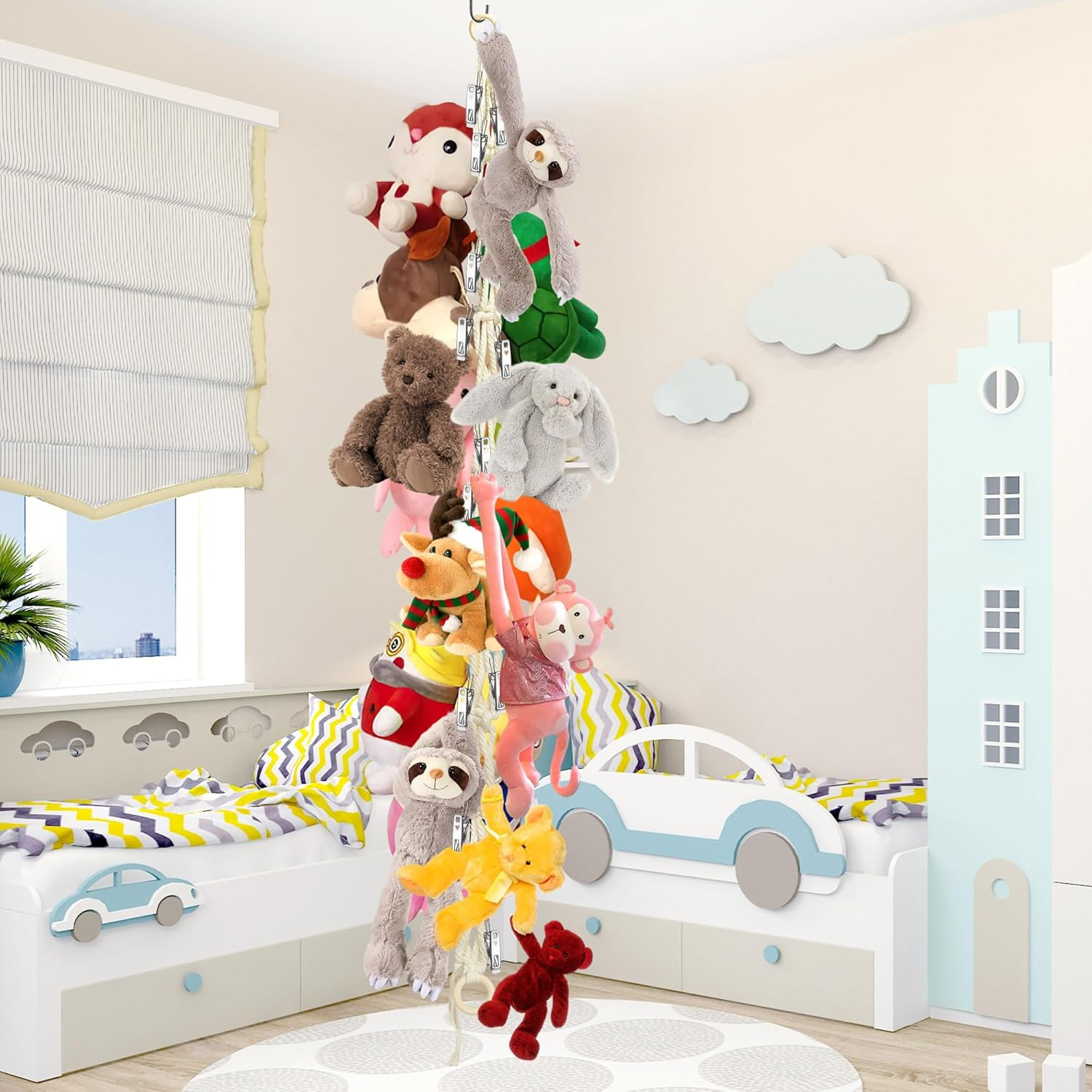 Stuffed Animal Storage Hammock Corner - Hanging Stuffed Animal Holder with 20 PCS Metal Clips, Boho Stuffed Animal Organizer Chain for Hanging Hats Socks Holiday Cards