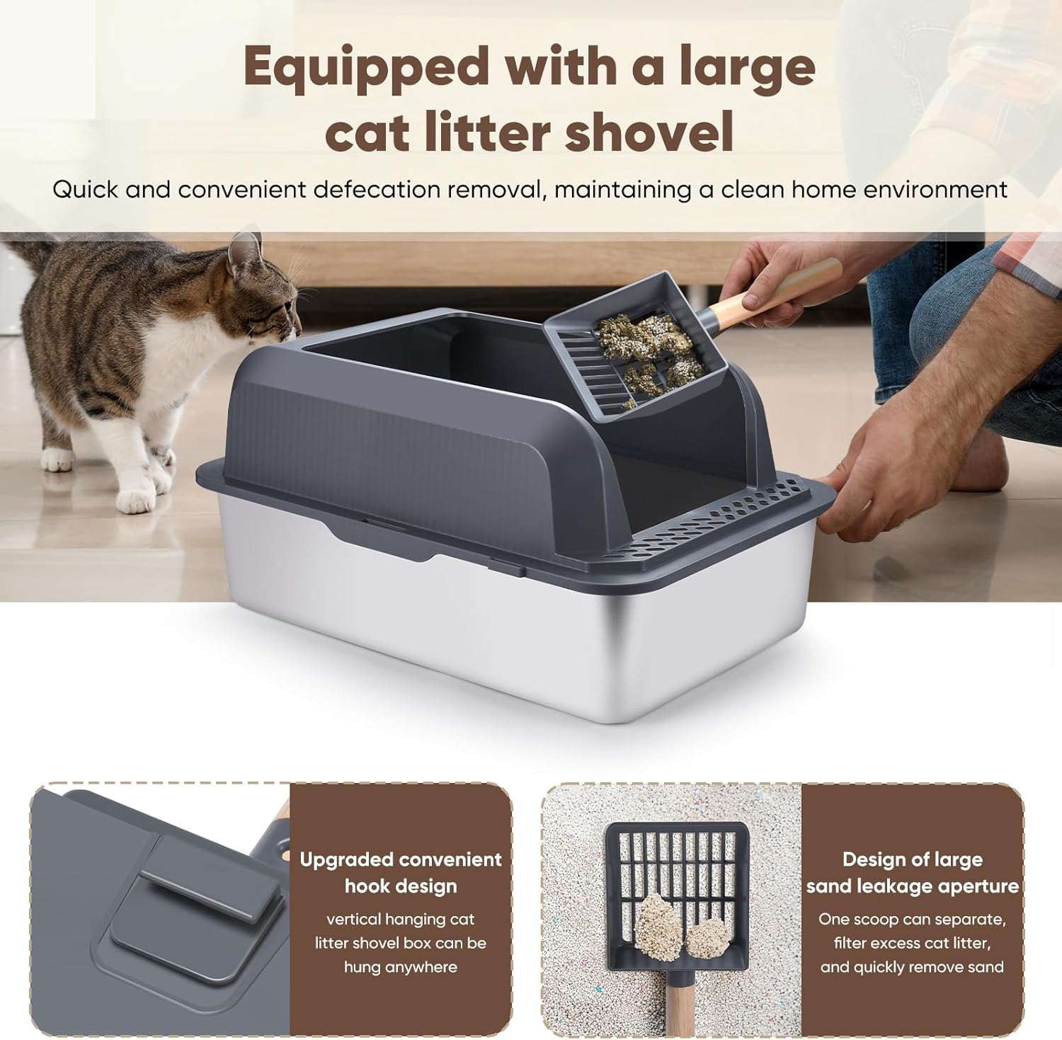 Enclosed Stainless Steel Cat Litter Box with Lid,Xl Extra Large for Big&Multiple Cats,Metal Litter Box High Wall Sides Enclosure Cat Toilet,Anti-Urine Leakage,Non-Sticky,Easy Cleaning,Include Scoop image number 1