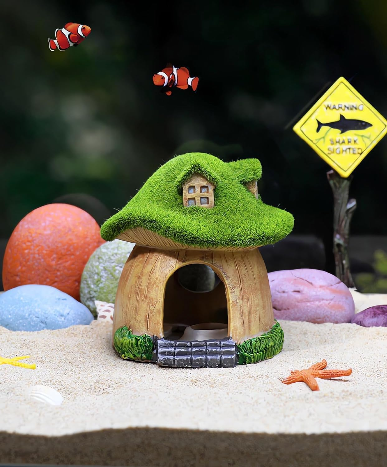 Fish House for Aquarium Aquarium Decorations Fish Hideout Mushroom Fish Tank House with Lifelike Moss (Mushroom) image number 1