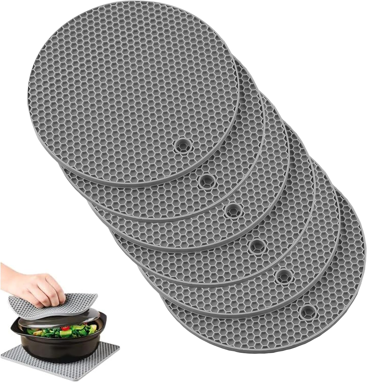 Silicone Trivet Mats - 6 Heat Resistant Pot Holders, Multipurpose Non-Slip Hot Pads for Kitchen Potholders, Hot Dishers, Jar Opener, Spoon Holder, Flexible Easy to Wash and Dry (Black)