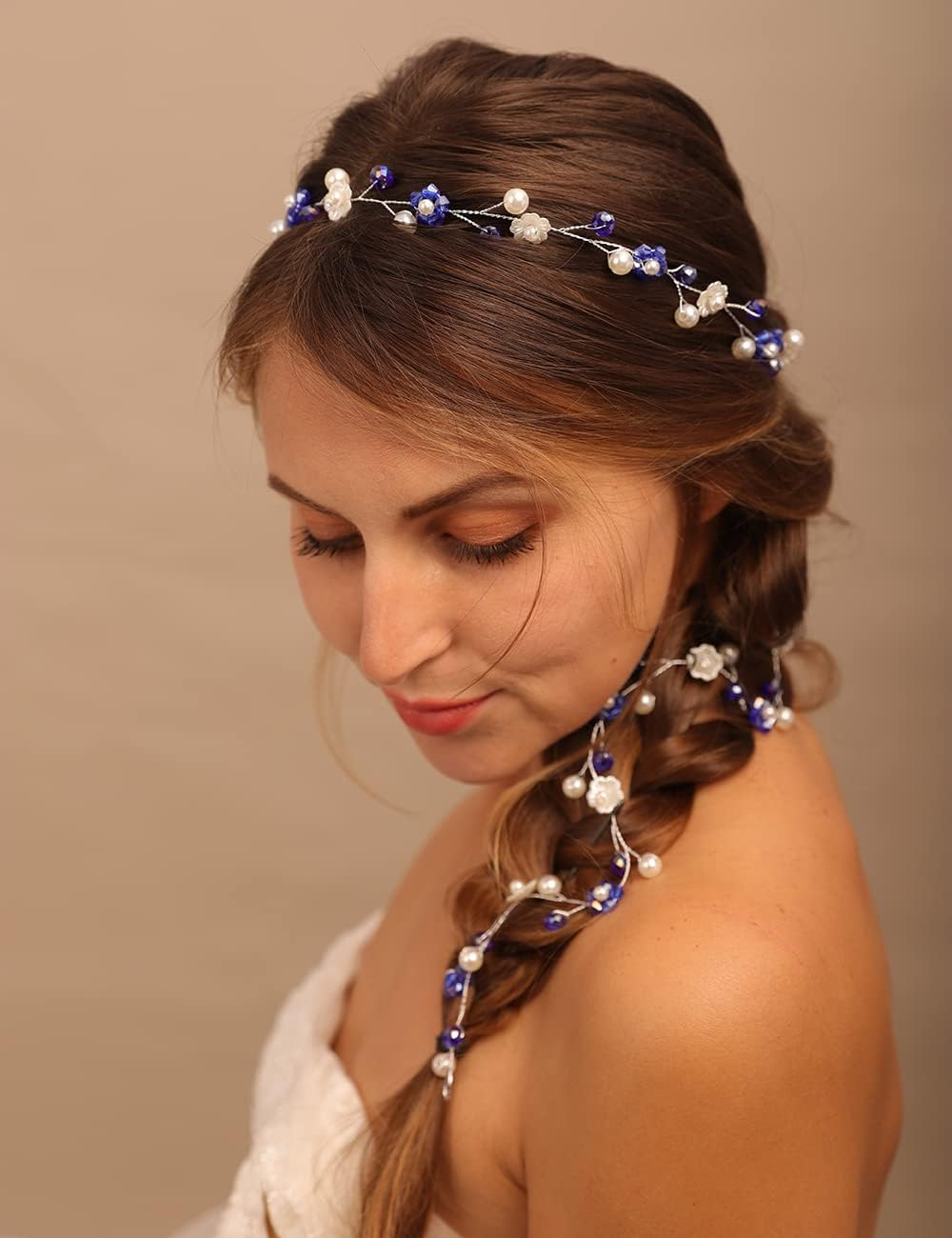 Teyglen Women Bride Wedding Blue Flower Crystal Headband Hair Vine Handmade Pearl Bridal Navy Blue Beads Headband Wedding Hair Accessories for Brides Floral Hair Pieces Headpieces for Women Girl image number 3