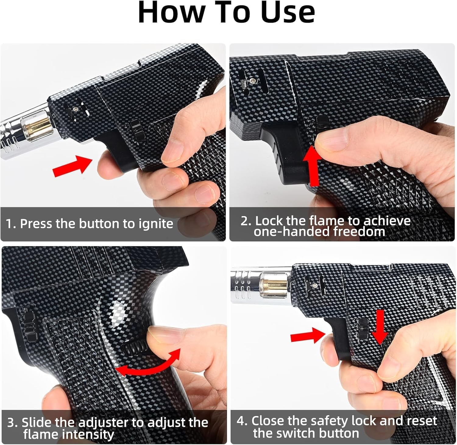 Windproof Torch Lighter,Adjustable Flame Refillable Butane Gas Lighter with Continuous Flame Lock,Kitchen Cooking Refillable Torch Lighter, Butane Gas Is Not Included (Fiber Black) image number 5