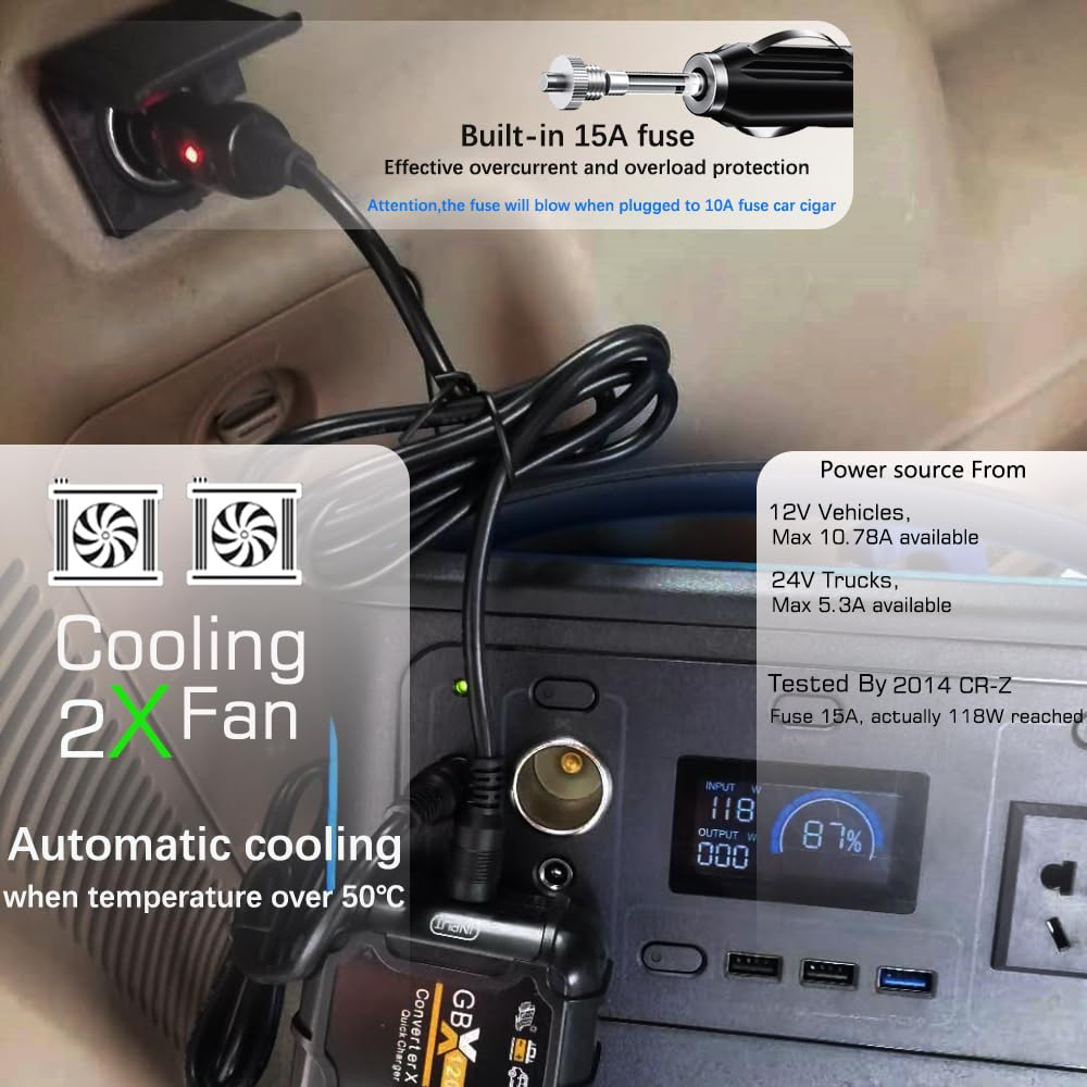 DC 12V/24V Car Cigar Cable to XT60 Connector Quick Charging 120W Works with Ecoflow Delta Powerstations (120W Quick Charging) image number 1