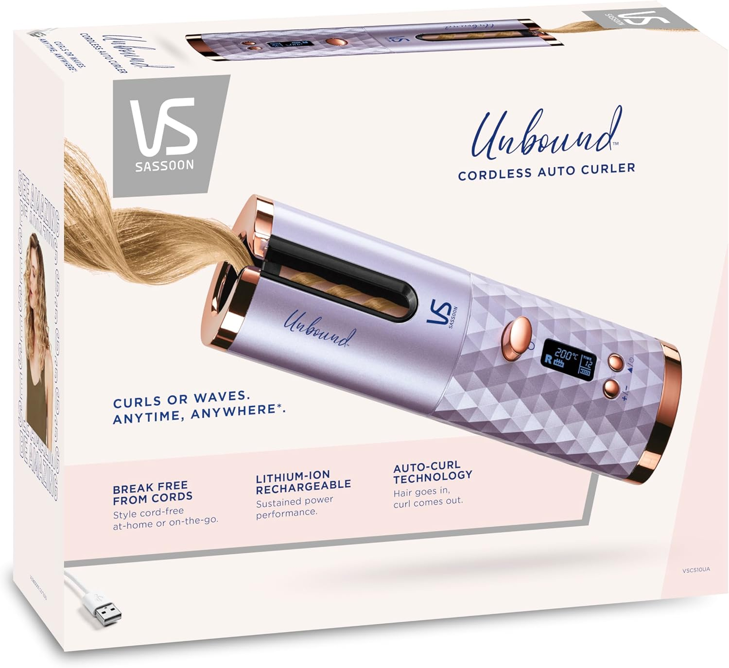 VS Sassoon Curl Secret&reg; Cordless Ceramic Auto Curler, Fast Heat Up, 2 Heat Settings, 3 LED Curl Presets, USB Charging, Cord Free Use for up to 40 Mins, anti Tangle Protection, 15Mm Barrel, Lightweight, Includes Travel Case, Sectioning Clips & Wide Tooth Comb. Metallic Grey/Gold (VSC1040A) image number 1