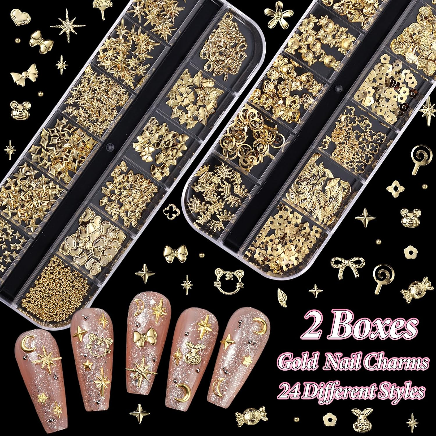 Cynailli 2 Boxes 3D Gold Nail Charms, Assorted Heart Star Flower Rabbit Animal Candy Cross Star Shapes, Luxury Metal Nail Art Accessory image number 5