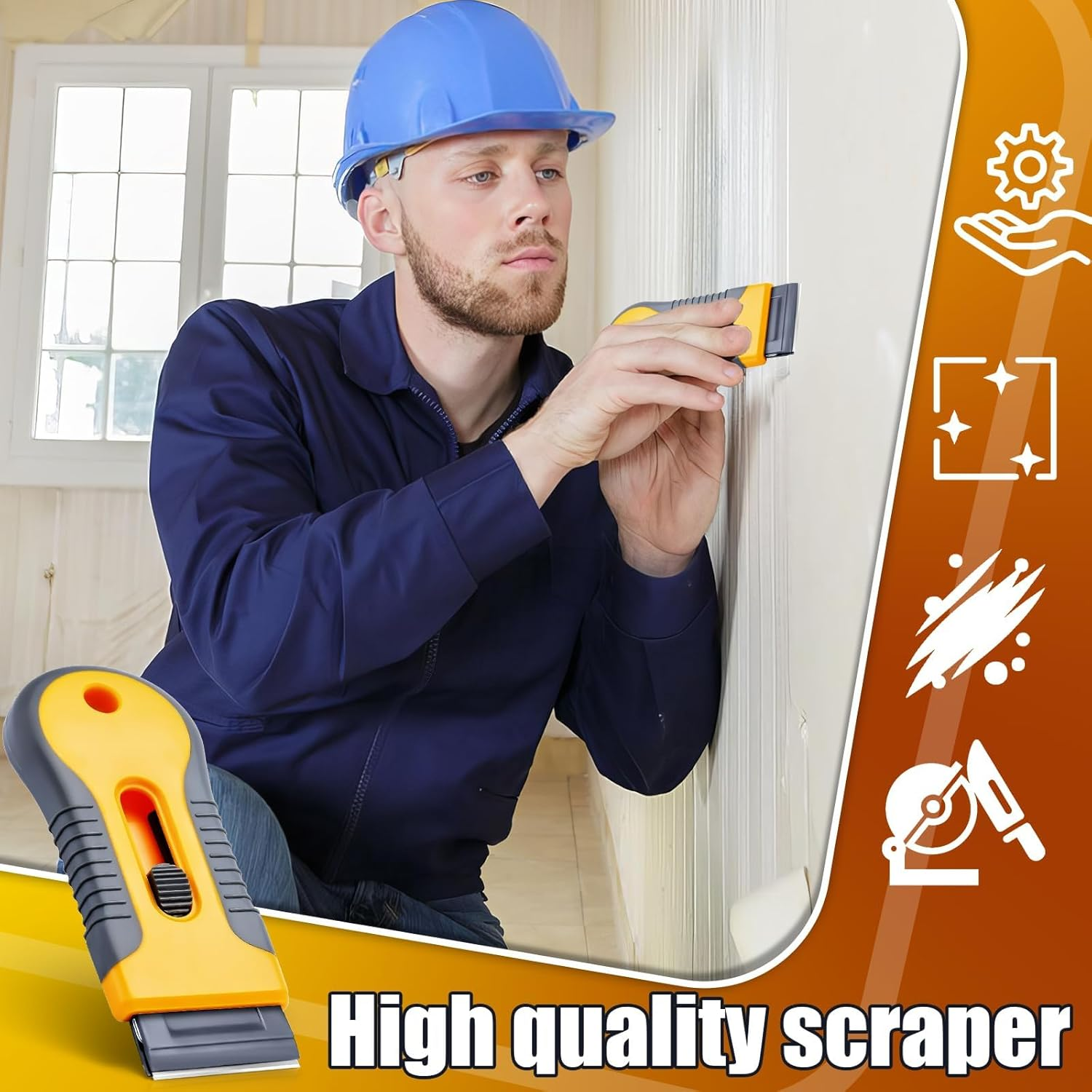 Razor Blade Scraper, Cleaning Razor Scraper for Glass with 15 Pcs Extra Blades, Razor Blade Retractable for Removing Labels, Stickers, Decals, Glue Residue, Paint from Glass (Yellow) image number 2