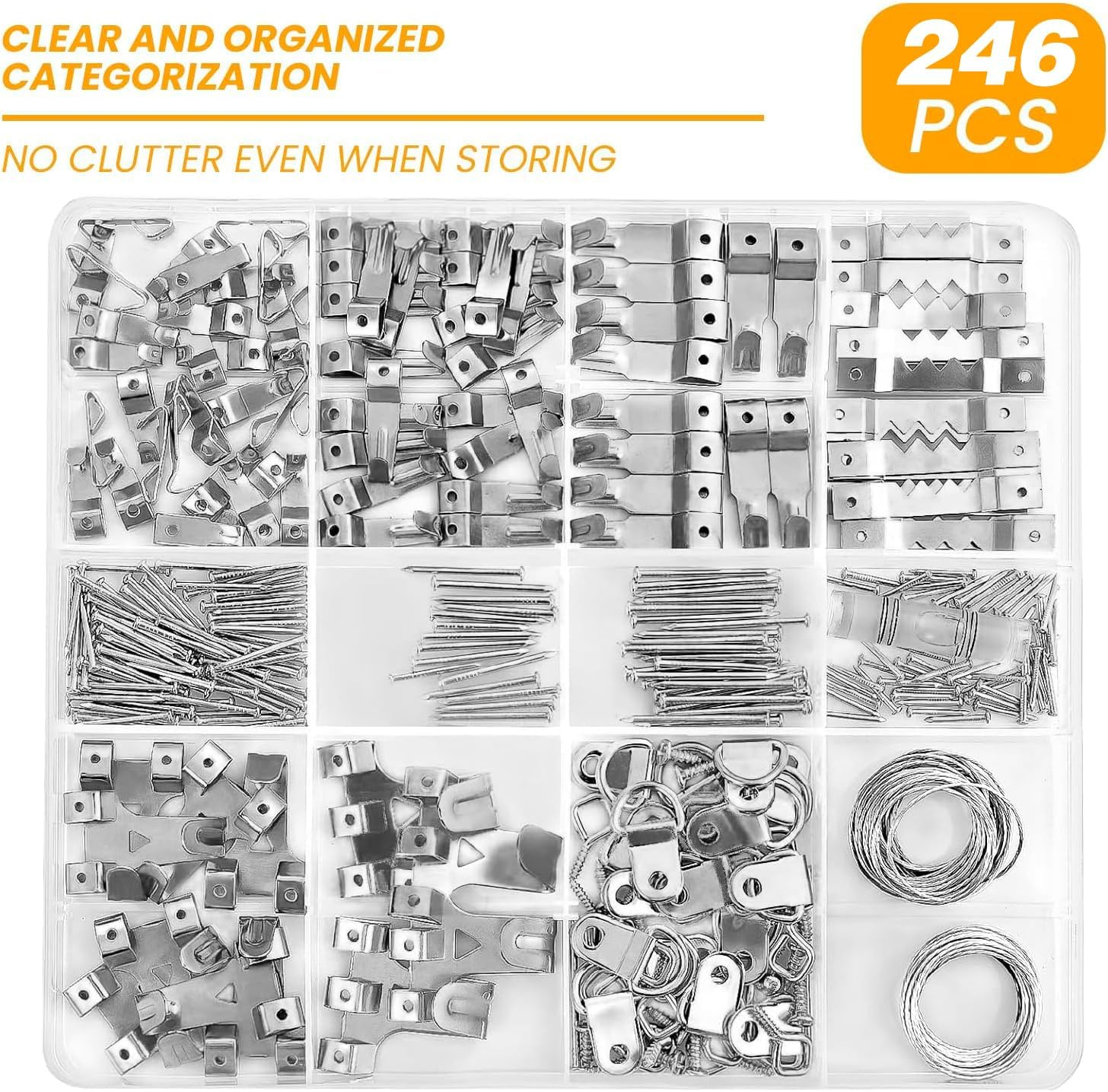 246Pcs Picture Hanging Kit - Picture Hangers Assorted Kit with Heavy Duty Wall Hooks, Sawtooth, Picture Wire, Hardware Nails, Eye Hooks and Picture Hanging Tool for Frame Canvas Mounting image number 5