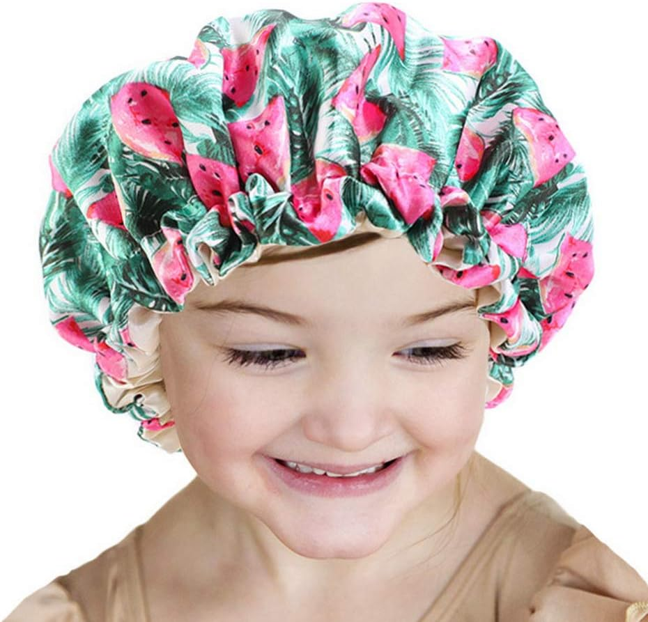 COMVIP Children Adjustable Bathing Cap Elastic Flower Satin Bonnet C: Green image number 4