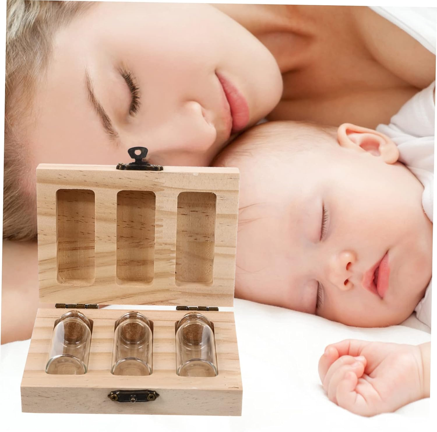 Wooden Storage Box for Teeth and Fetal Hair Preserving Souvenir Storage Bottle for First Haircut Keepsake image number 4