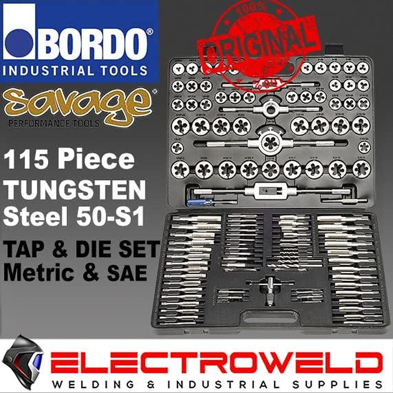 BORDO Savage 115Pce Tap and Die Set Metric Imperial Combination SAE UNC/UNF Tungsten Steel Titanium Button Intermediate 50-S1 image number 1