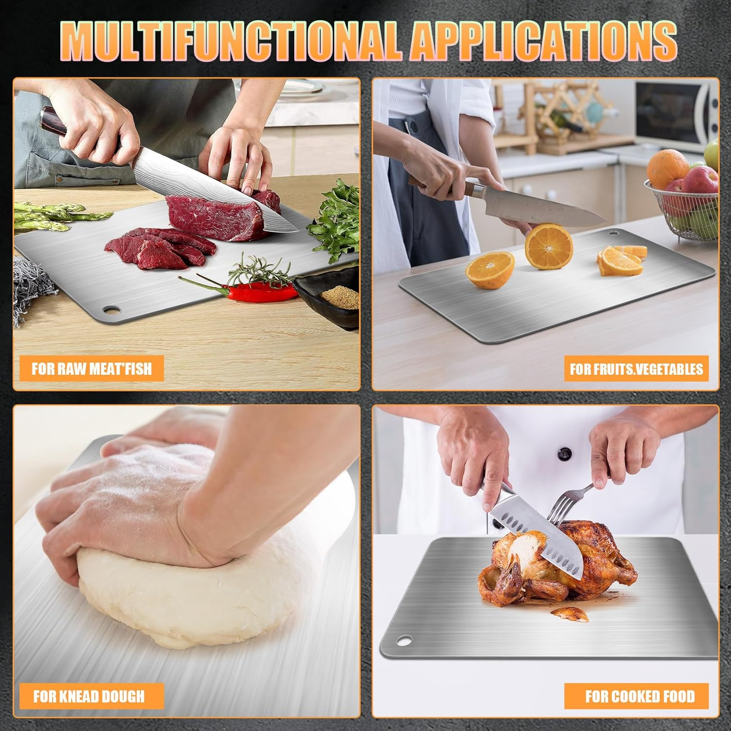 Hcskoss 4 PCS Stainless Steel Chopping Board Set,Cutting Boards for Kitchen,Double Sided Thickened Cutting Board,Chopping Board Set for Kitchen Home Cooking Outdoor image number 4