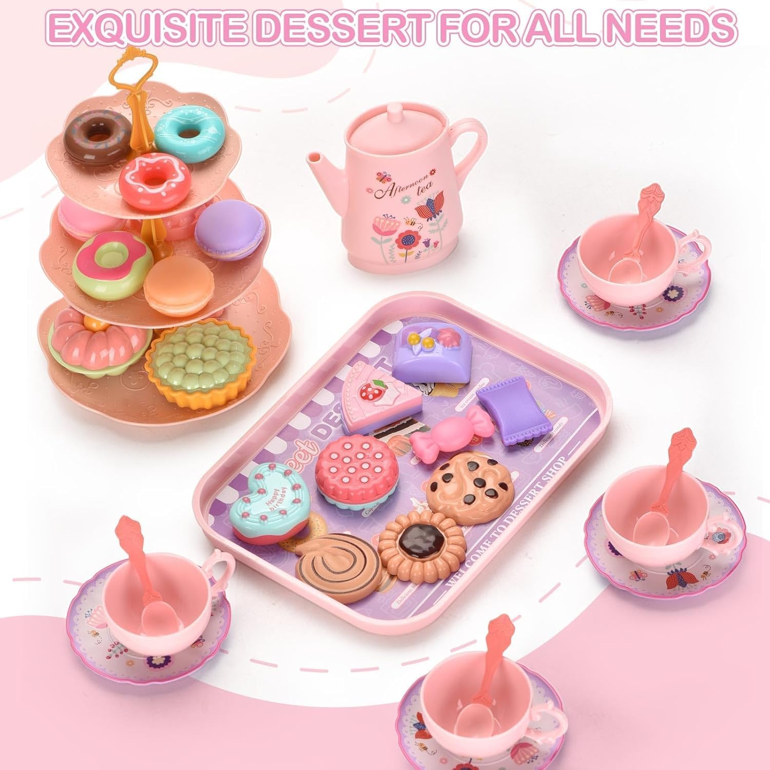 46Pcs Kids Tea Party Set for Little Girls, Princess Tea Time Toy for 3-8 Year Old Girls, Cute Princess Play Toddlers Tin Tea Set Birthday Toys Pretend Toys with Desserts, Flower Teapot, Carrying Case image number 3