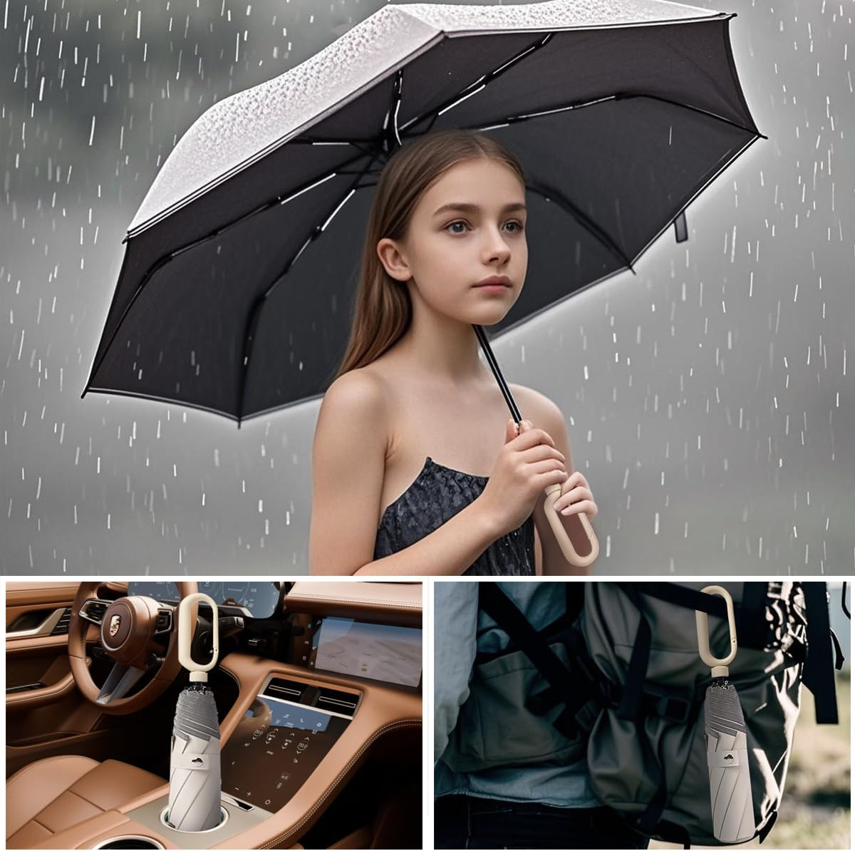Foldable Windproof Ring Buckle Umbrella with Protect the Reflective Strip Rain and Sun Weather Resistant UV Guarded Sophisticated Manual 8-Bones Umbrella for Travel and Work - Blue image number 4