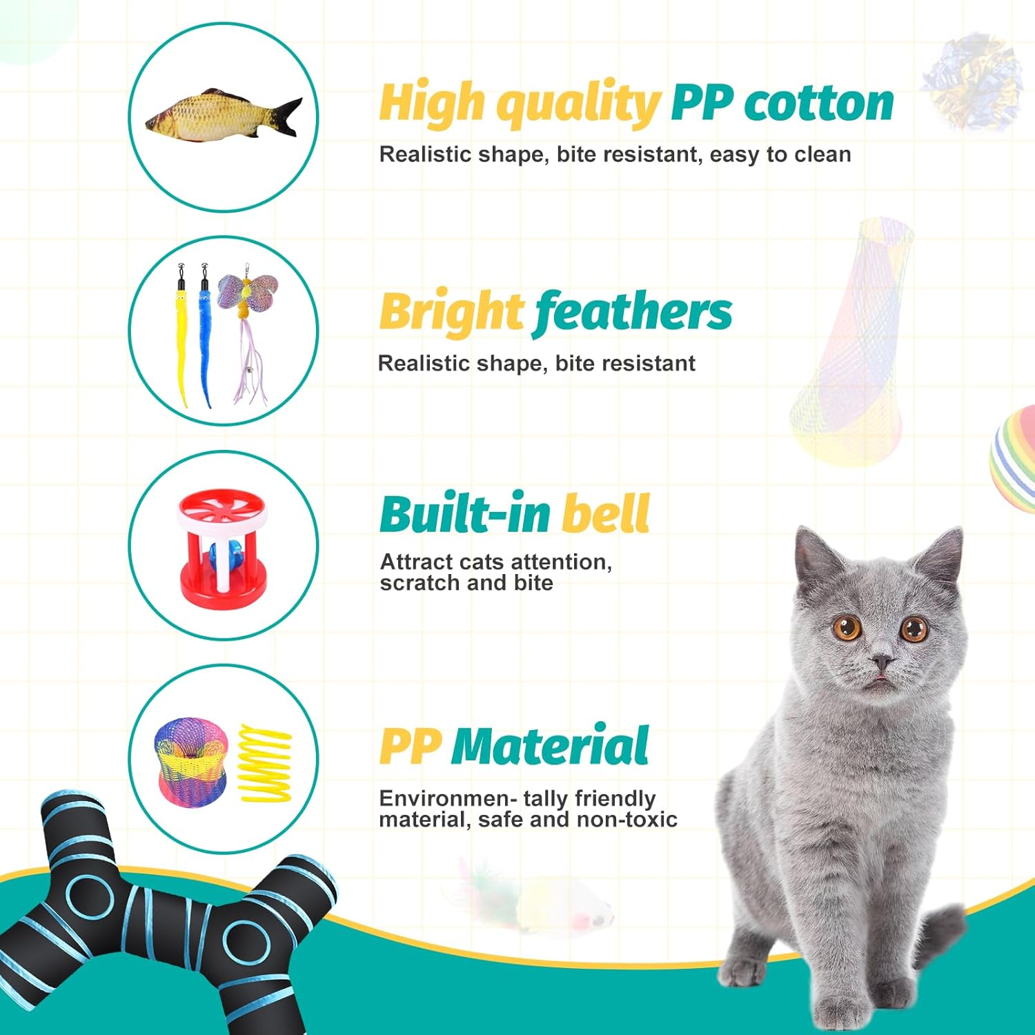 Cat Toy Kitten Toy Set for Indoor Puppies Cats, Including Funny Cat Stick, Foldable Cat Tunnel, Catnip Carrot, Mice, Crinkle Balls and Bells image number 5