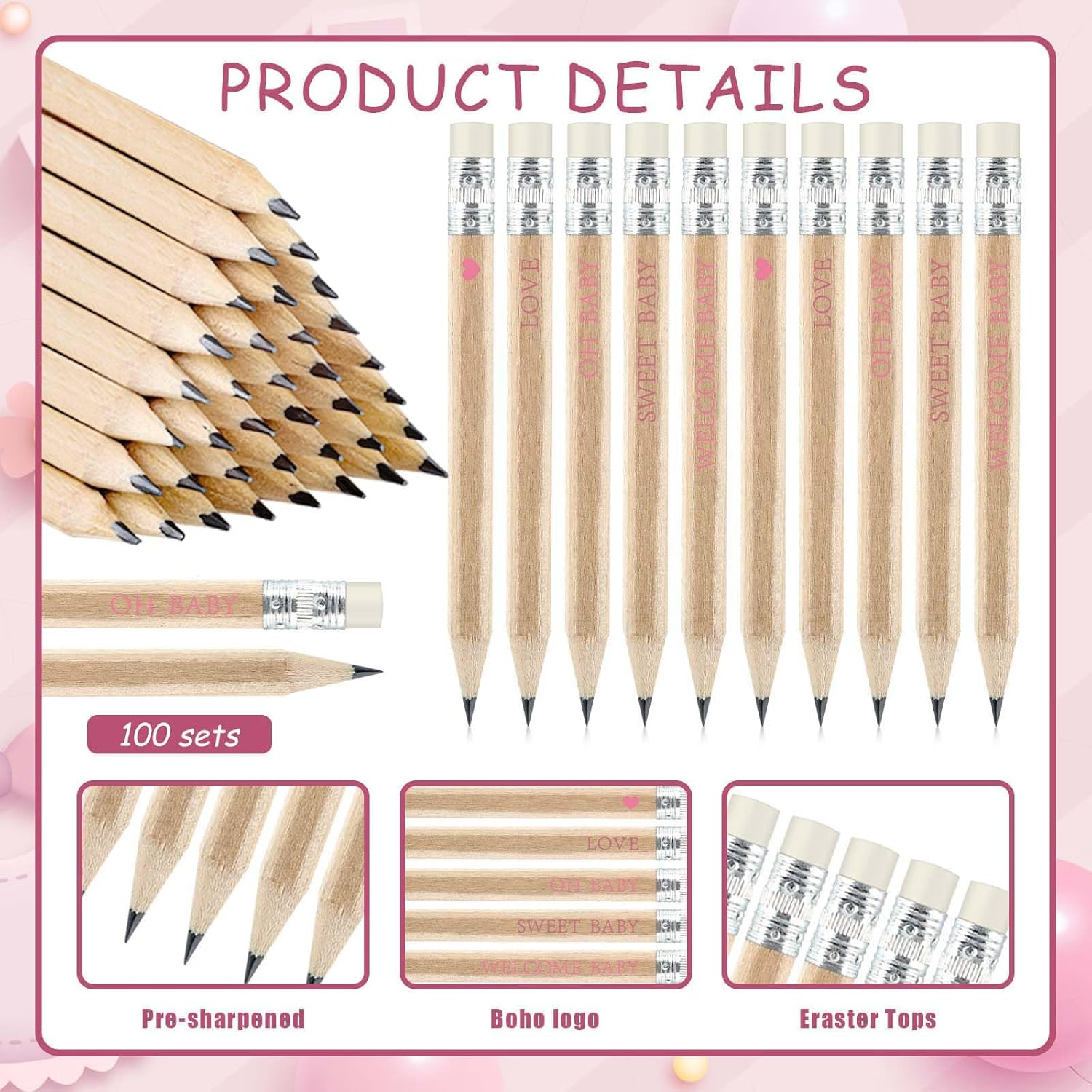 Baby Shower Pencils (Pink, 100) image number 4