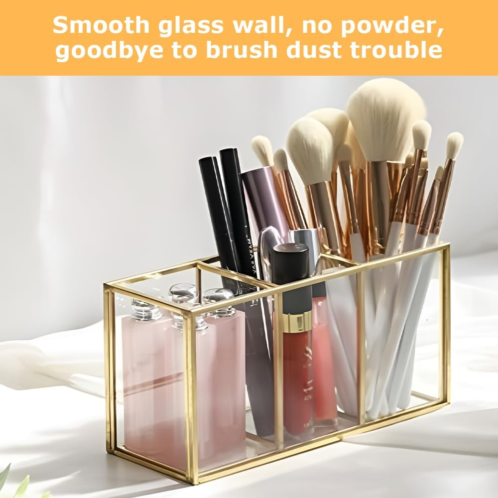 3-Section Glass Makeup Brush Holder, Gold Frame Cosmetic Organizer, Vanity Toiletries Storage Box, for Forbeauty Tool Brushes & Lipsticks image number 2