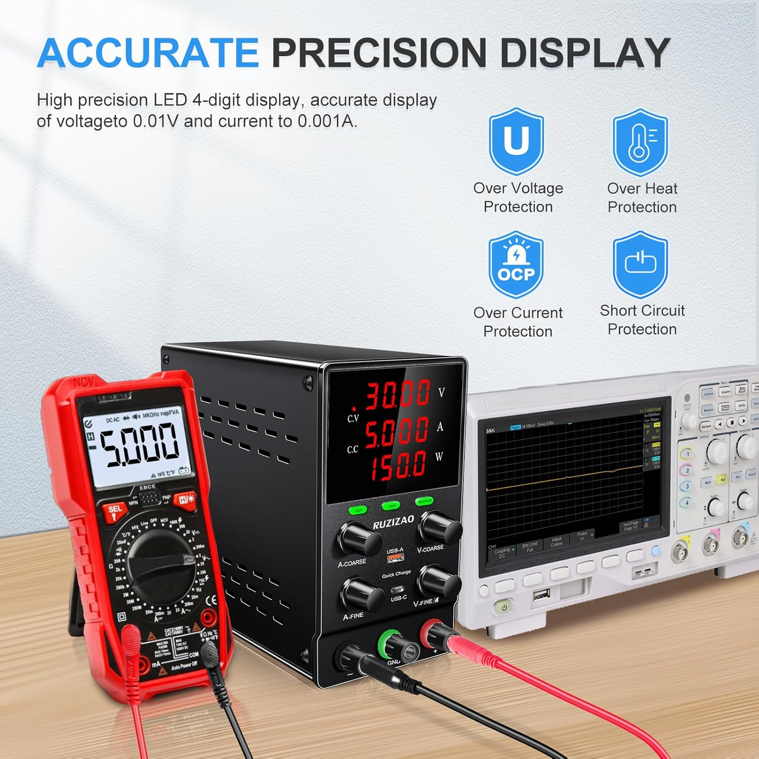 DC Power Supply Variable, Upgraded Version, 30V 5A 150W, Adjustable Switching Regulated Lab Bench Power Supply, OCP/OVP, Encoder Knobs, Usb&Type C Fast Charging, 4-Digit LED Display image number 5