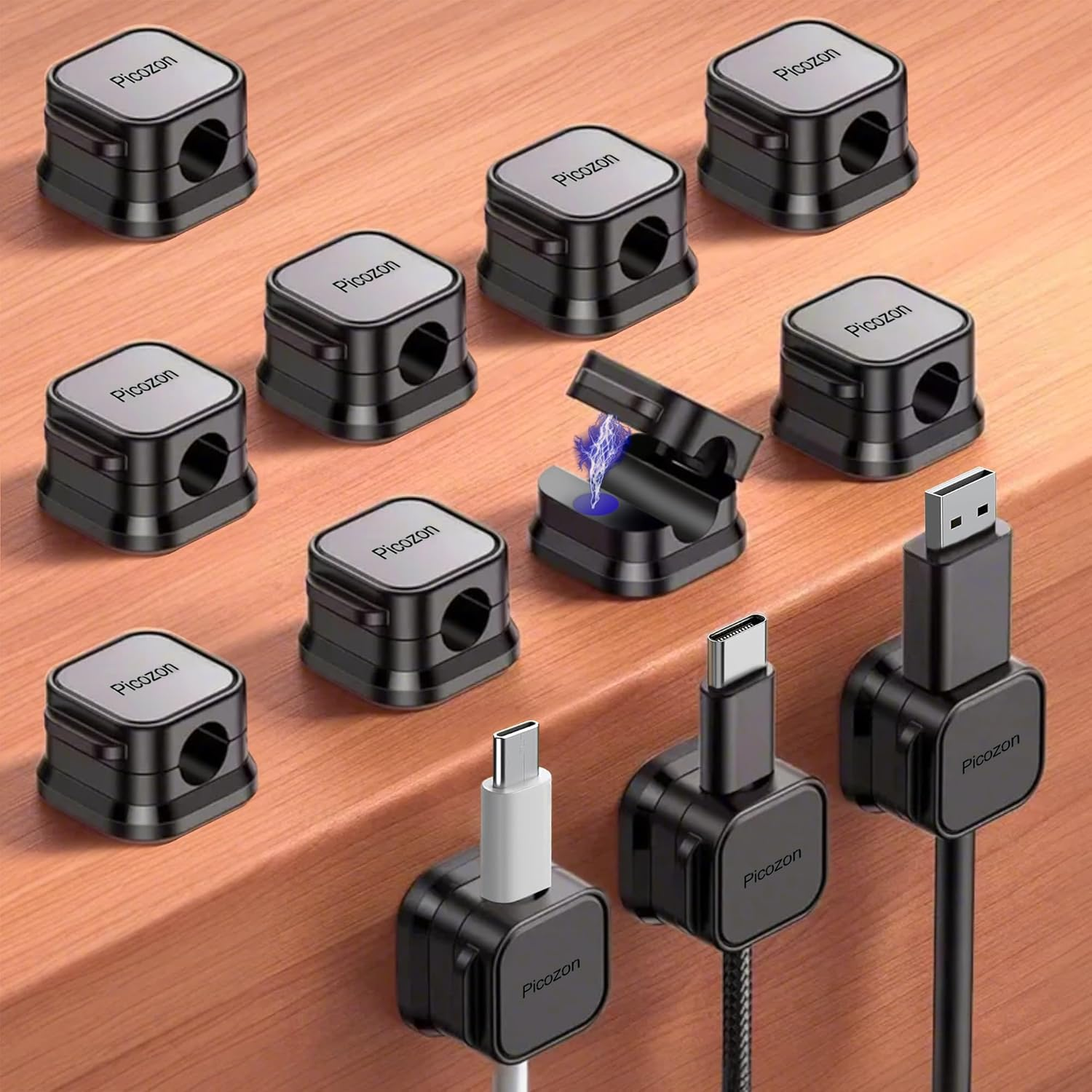 12 Pack Magnetic Cable Clip Organizer Cord Holder, Picozon Adhesive Cable Management, Wire Phone USB Charger Cable Holder Keeper Organizer for Car, Office Home Desktop, Wall, Night Table, Black image number 4