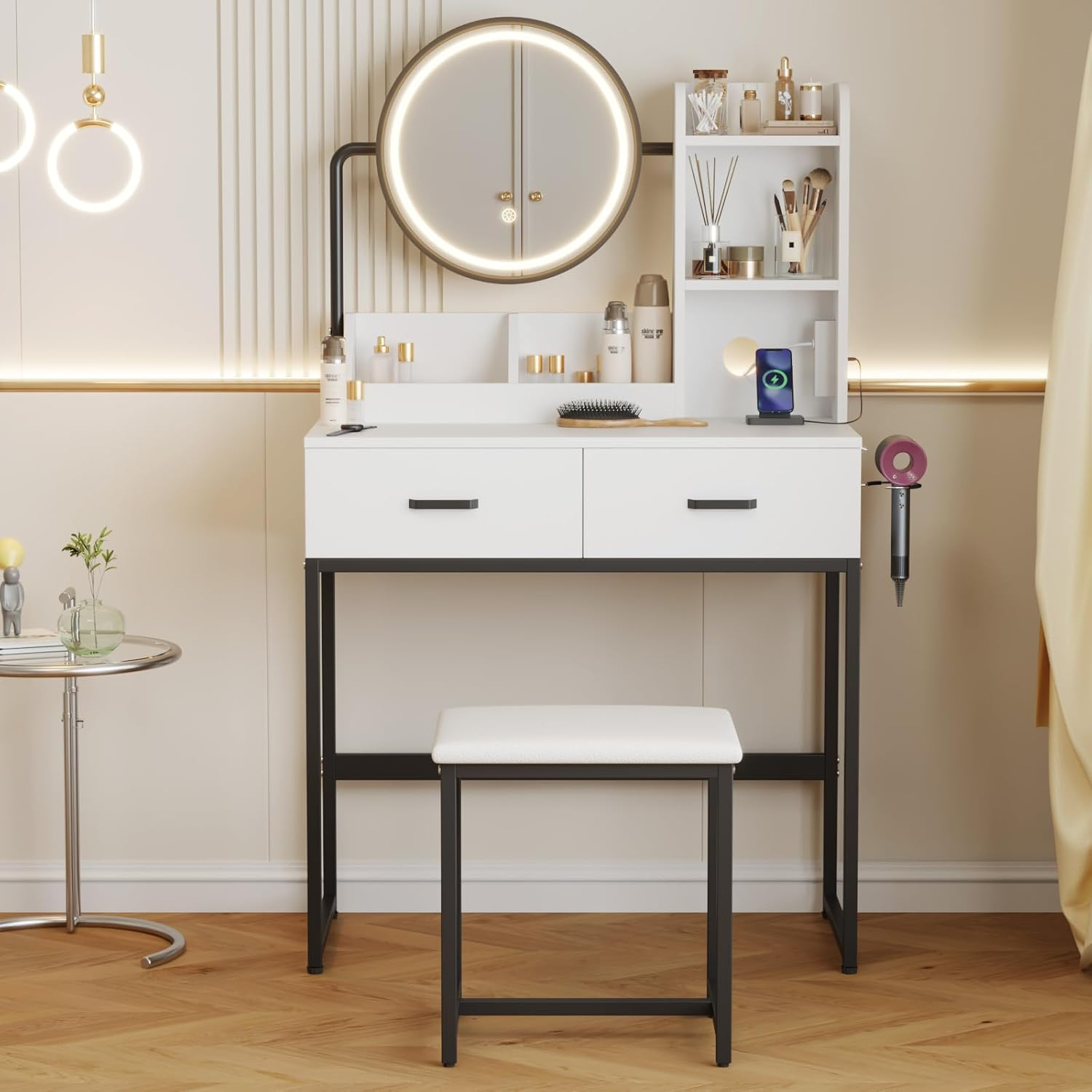 Advwin Dressing Table with 360&deg;Adjustable Mirror, Power Outlet and 3-Color LED Light, Makeup Vanity Desk Stool Set with 2 Drawers, 2 Trays and 3 Shelves for Bedroom (White Black)