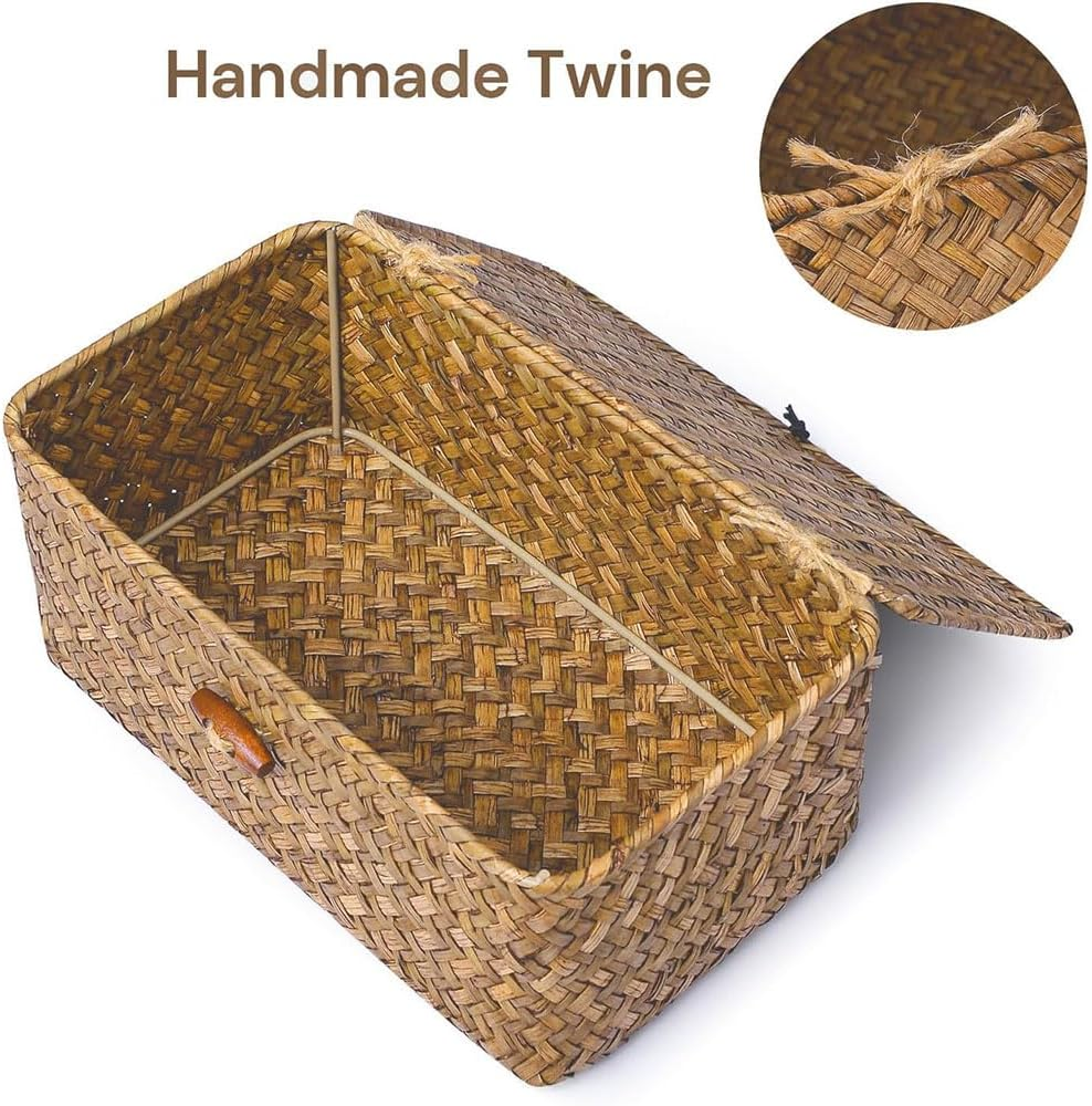 Set of 3 Woven Seagrass Storage Baskets with Lids &ndash; Decorative Rectangular Bins for Shelf, Closet, Pantry & Home Organization &ndash; Natural Wicker Boho Style Organizer image number 6