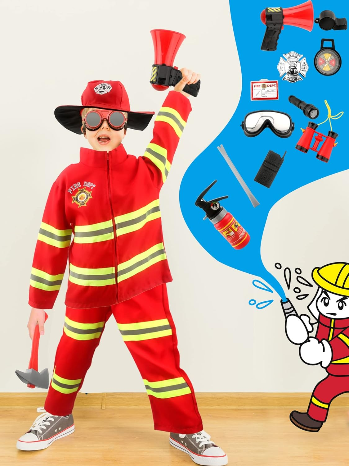 17 Pcs Kids Fireman Costume Set Fire Chief Firefighter Dress up Outfits for Halloween Firefighter Pretend Role Play Toys image number 4