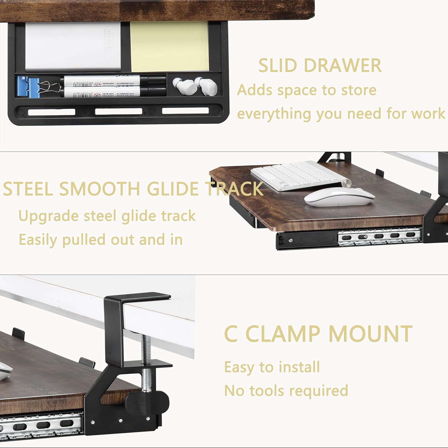 ETHU Keyboard Tray under Desk, 19.7" X 12.2" Small Size C Clamp Keyboard Drawer under Desk, Computer Keyboard Stand Slide Pull Out, Ergonomic Keyboard Tray for Home, Office (Wood) - Oak image number 5