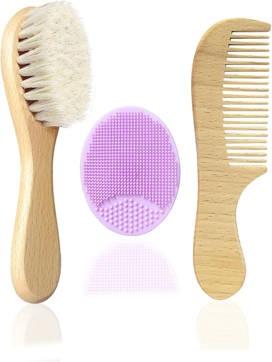 Baby Hair Brush with Wooden Handle and Comb Set for Newborns & Toddlers | Natural Soft Goat Bristles L Wood Comb L Purple Silicone Brush| Ideal for Cradle Cap (3 Piece) image number 6