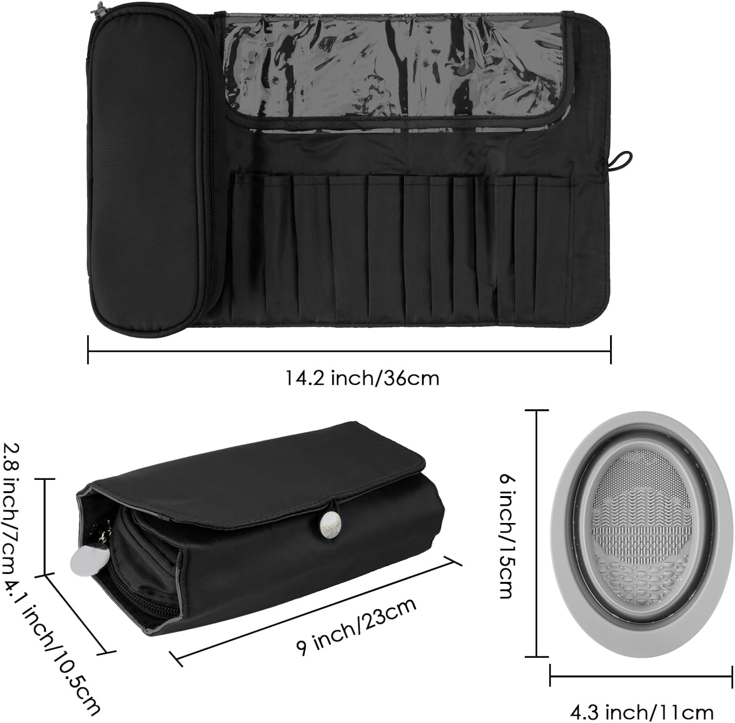 DODAMOUR Makeup Brush Case with Silicone Makeup Brush Cleaner Bowl, Portable Travel Makeup Brush Holder, Waterproof Cosmetic Brush Rolling Foldable Storage Bag (Black) image number 5