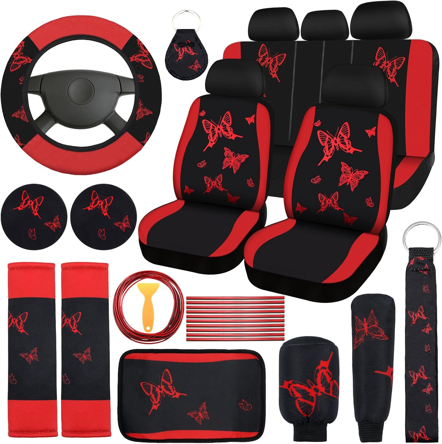 BBTO 43 Pcs Butterfly Car Seat Full Set Butterfly Car Accessories for Women 5 Front Rear Seat Covers Wrist Strap 2 Pieces Cup Mat Armrest Pad 2 Seat Belt Cover Accessories for SUV Car (Red, Black) - As Pictures Shown image number 4