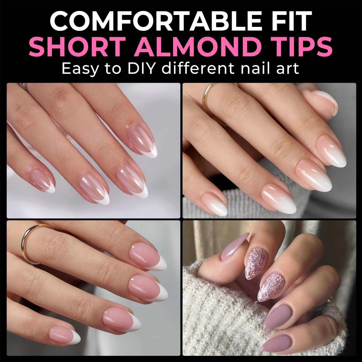 UNA GELLA Short Almond Fake Nails 216Pcs Pre-Shape Gel Acrylic Nail Tips for Full Cover Nail Extension Home DIY Nail Salon 12 Sizes Gelly Tips image number 3