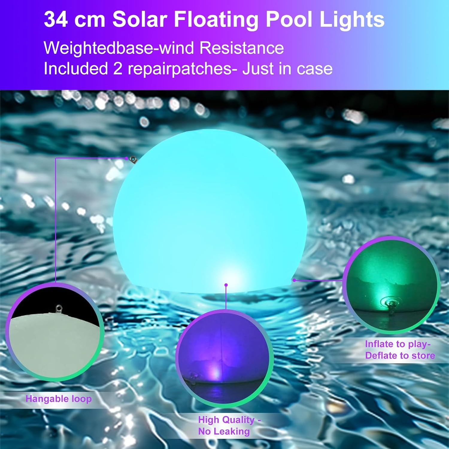 Floating Pool Lights Solar Powered 2 PCS, 16 Colors Changing Led Pool Ball Light with Remote Control, Float or Hang in Pool Hot Tub Garden Backyard Pond Party Decorations - Inflatable IP68 Wateproof