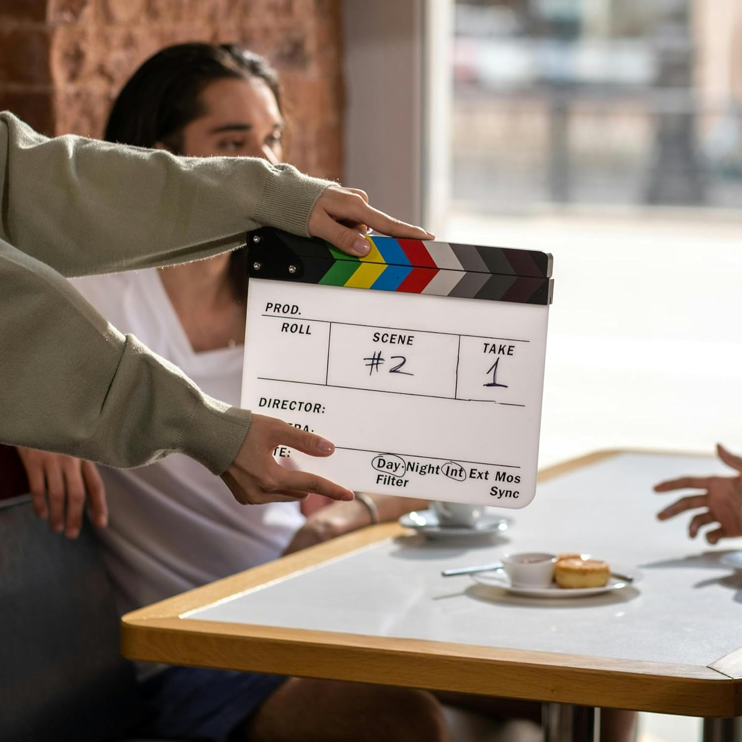 ALLZEDREAM Acrylic Directors Clapboard Film Clapper Board Cut Action Scene Slates with 2 Dry Erase Whiteboard Pens, Multicolor image number 1