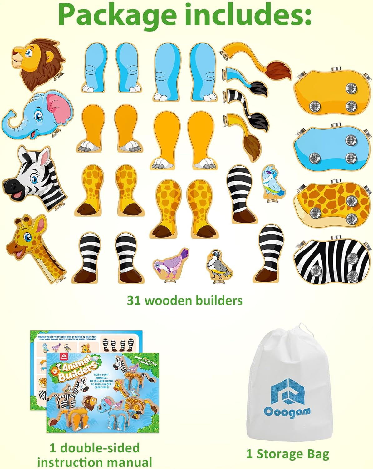 Coogam Wooden Snap Together Building Toy, Take Apart Construction Builders, Assembly Animal Building Blocks, STEM Fine Motor Learning Toy for 3 4 5 Years Old Kids image number 6