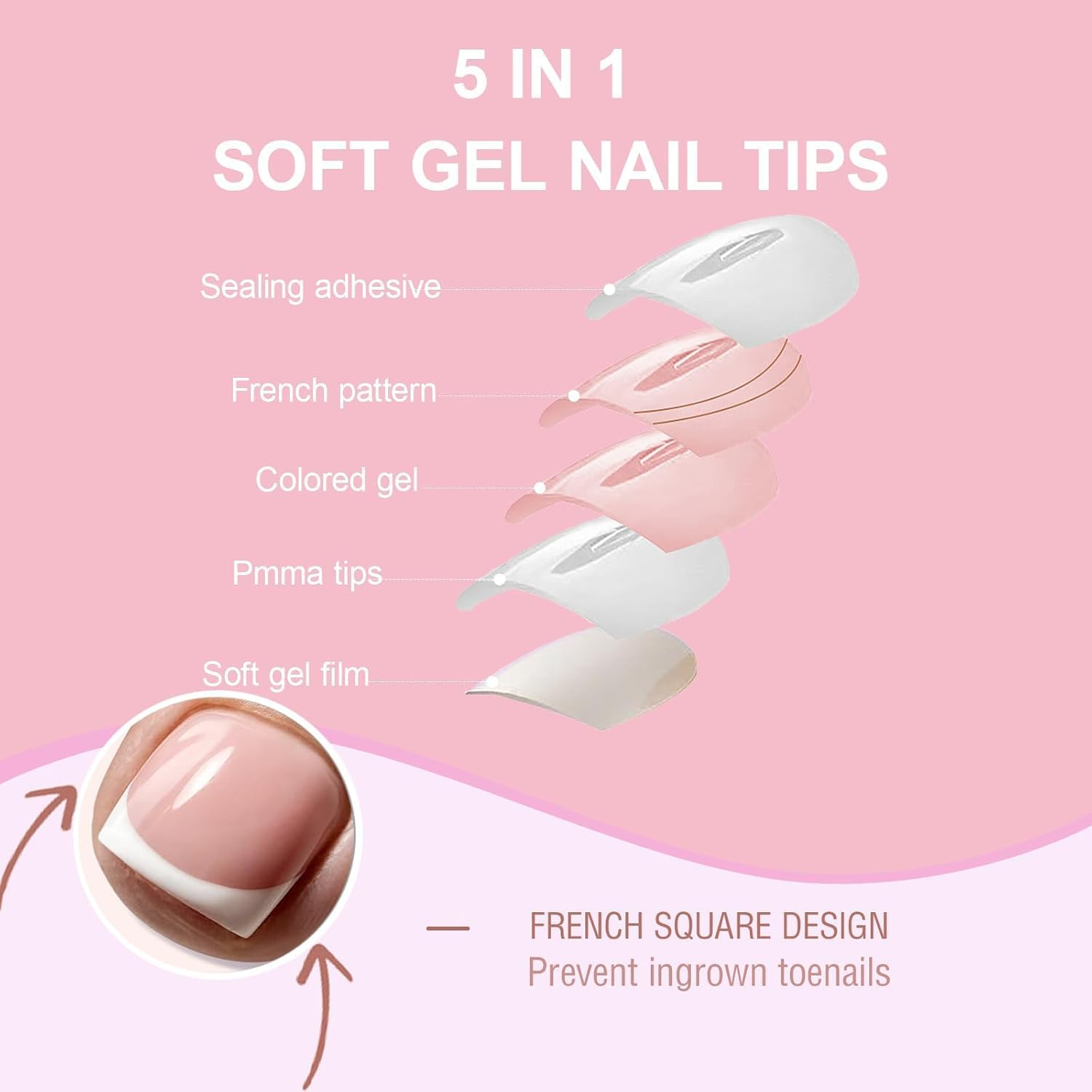 Toe Nail Tips Press on French Fake Short Toe Tips, 150Pcs Tip Toe Nail Press Ons, Square round Acrylic Press on Toenails, 15 Sizes French Wearable Full Cover Fake Toenails(Berry Pink) image number 3