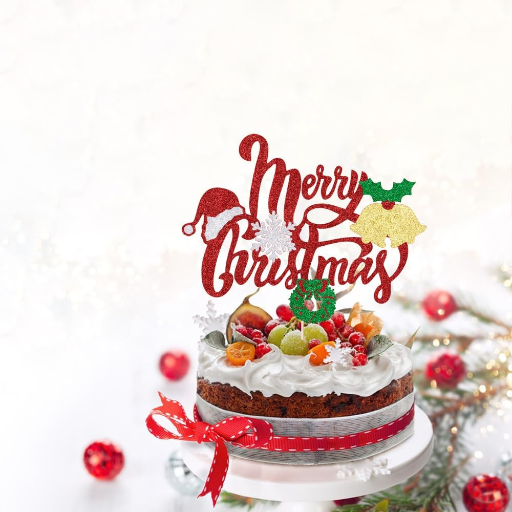 Merry Christmas Cake Toppers Glitter Christmas Eve Xmas Cupcake Picks for Celebrating Merry Christmas Theme New Year Holiday Party Cake Decorations Supplies ﻿ (Merry Christmas （Small Bell）) image number 2