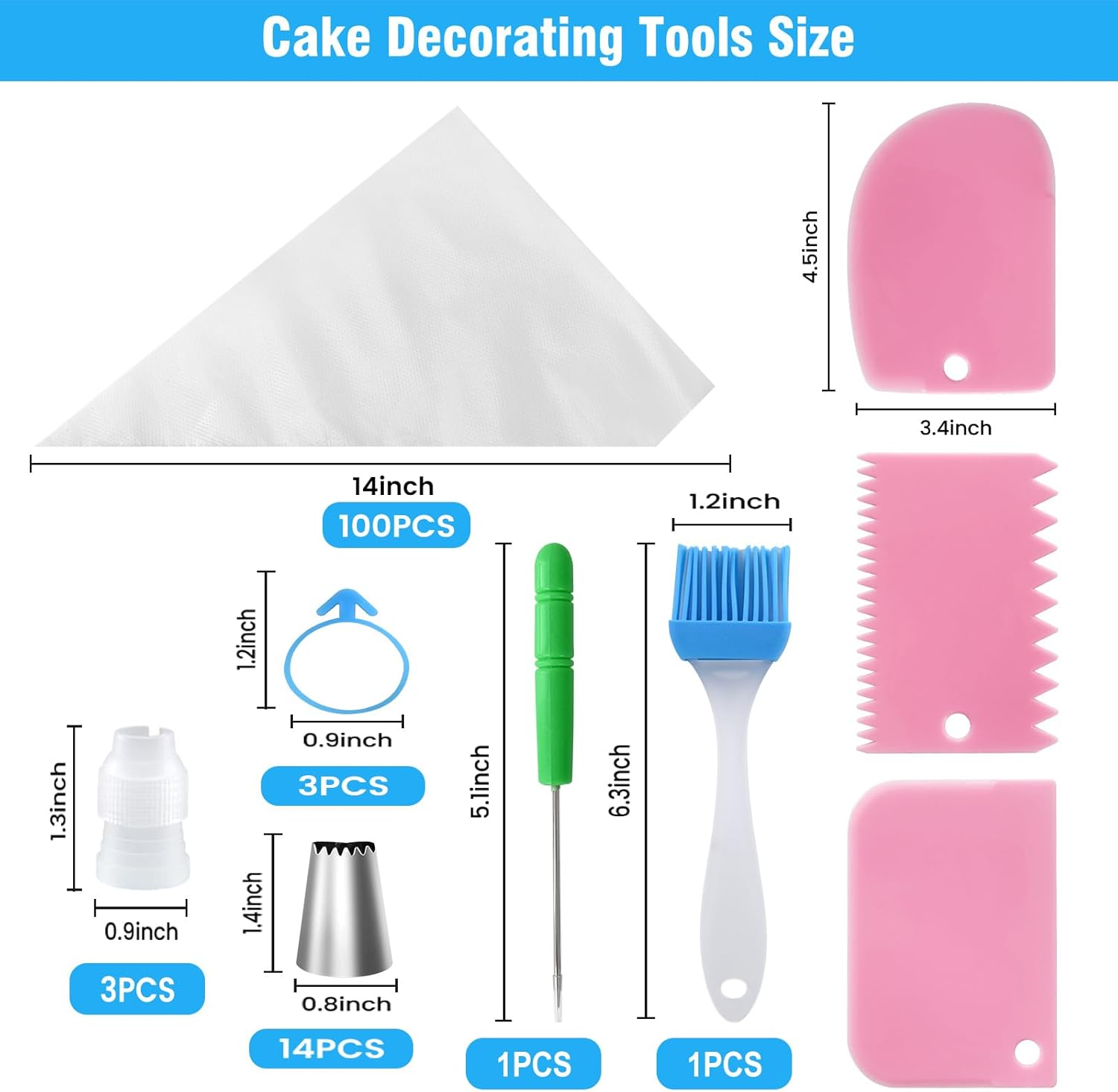 Piping Bags and Tips Set - 12 Inch Pastry Bags Disposable, 100Pcs Icing Bags for Cakes Decorating Kit Supplies with 1 Sugar Stir Needle, 3 Couplers, 3 Bag Ties, 3 Cake Scrapers, 14 Frosting Tips image number 5