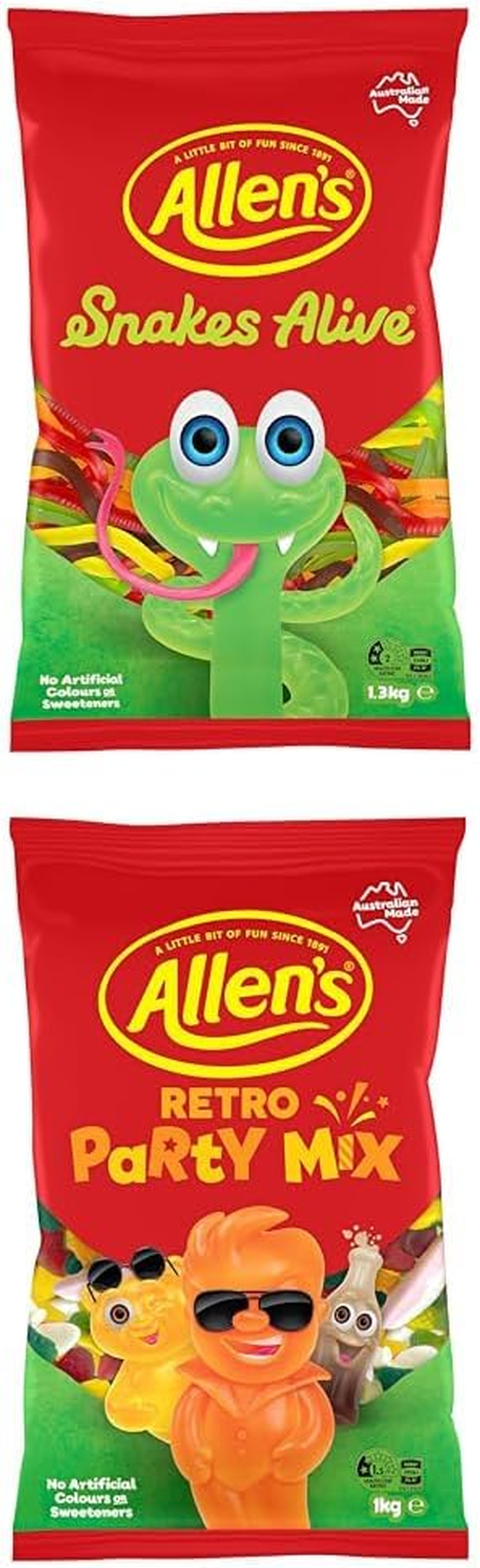 ALLEN'S Lollies Bundle - 1X Snakes Alive 1.3Kg & 1X Retro Party Mix Lollies 1Kg Bulk Bags