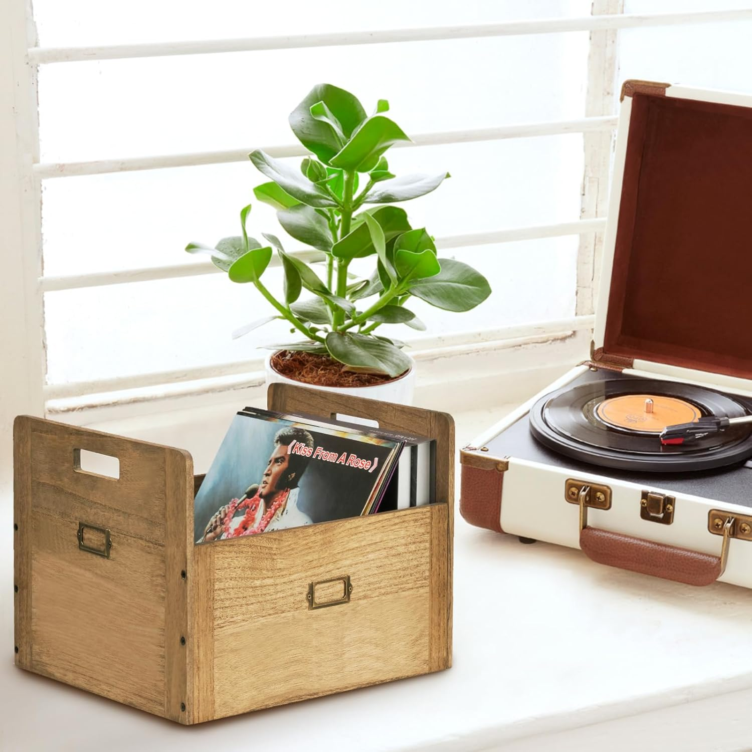 KIRIGEN Vinyl Record Storage Organizer Crate Wooden Storage Organizer Box Hold up to 80 Record and LP Dark Brown CDH-DBR - Dark Brown image number 3