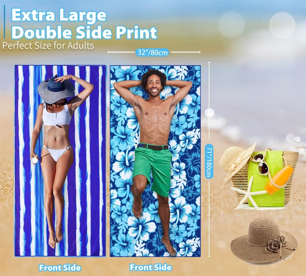 2 Pack Microfiber Lightweight Thin Beach Towel 180X80Cm Extra Large Sand Free Towels for Adult Quick Dry Travel Beach Accessories Vacation Essential Gift image number 5