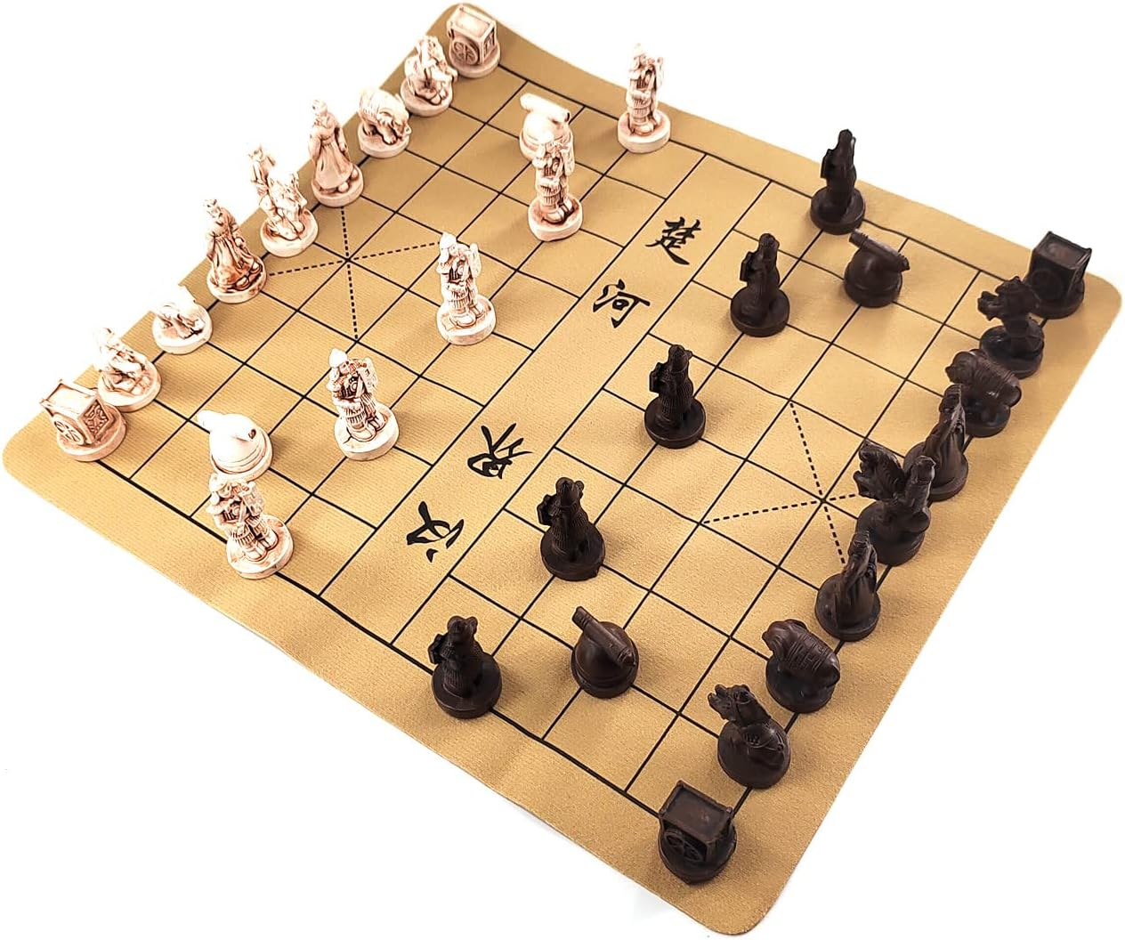 Traditional Chinese Xiangqi Portable Chess Set,Travel Board Game Set with Resin Chess Pieces and Leather Chessboard