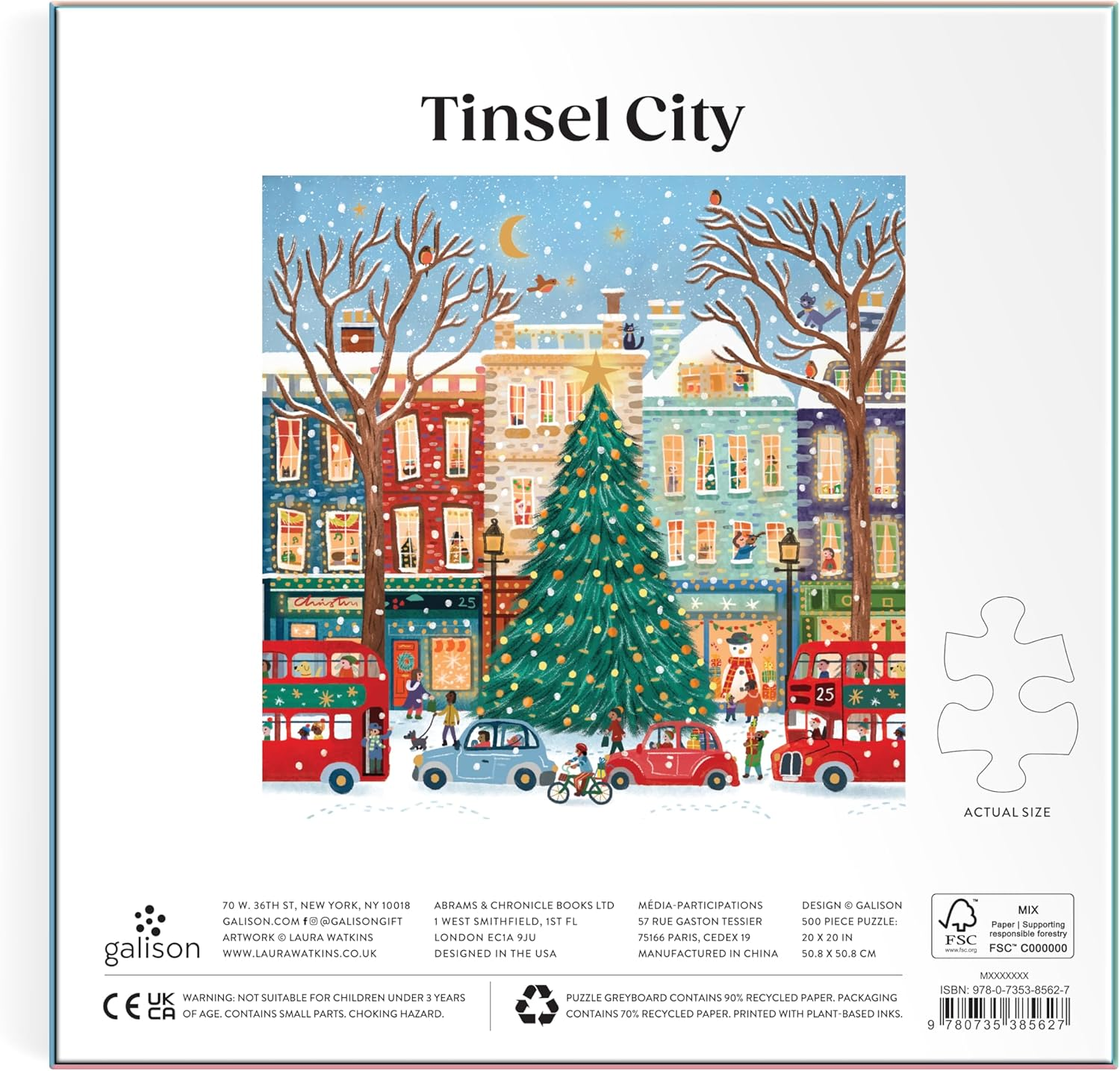 Galison Tinsel City Foil Puzzle 500 Piece - Festive Holiday City Scene Glitter Jigsaw Puzzle for Adults image number 3