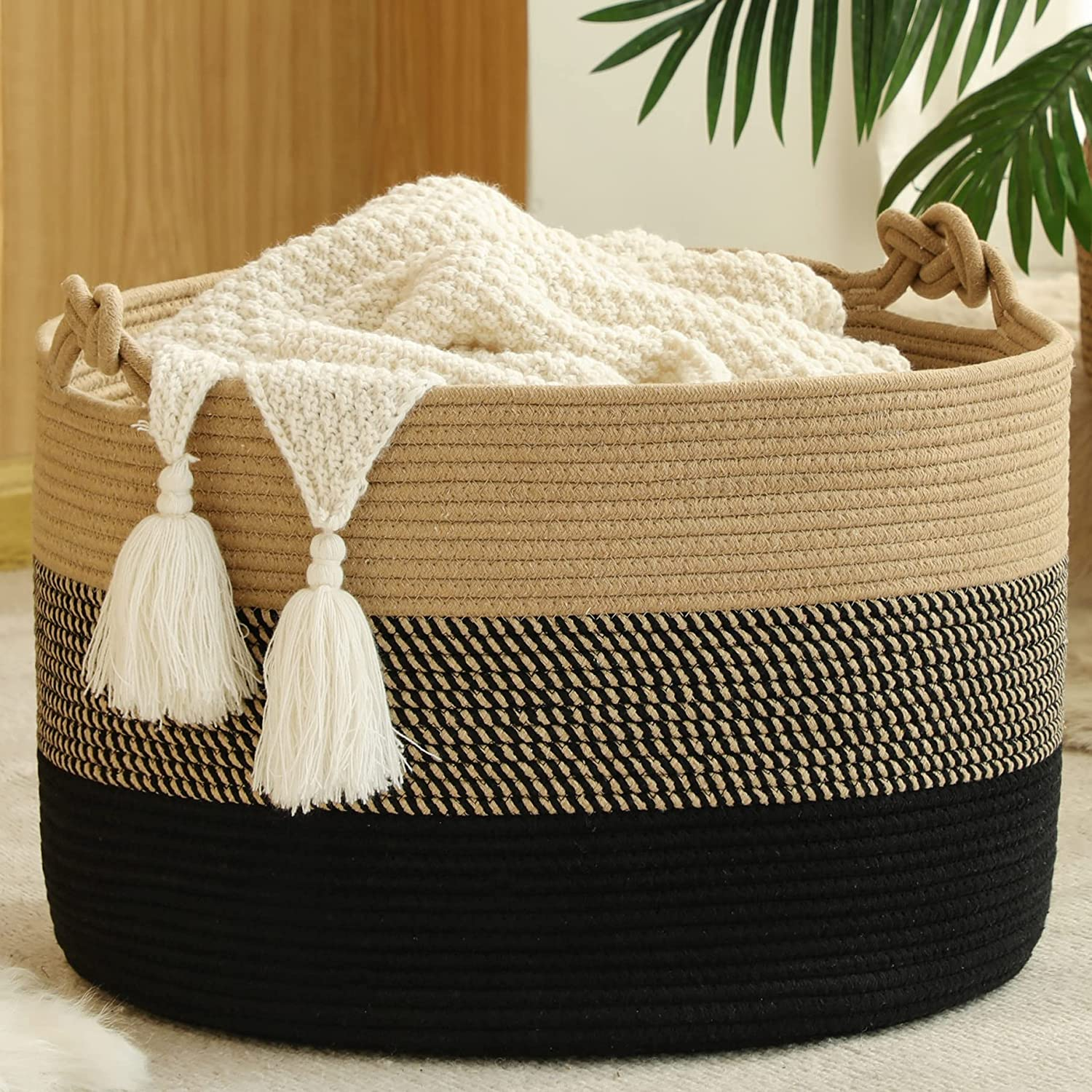 KAKAMAY Large Blanket Basket (20"X13"),Woven Baskets for Storage Baby Laundry Hamper, Cotton Rope Blanket Basket for Living Room, Laundry, Nursery, Pillows, Baby Toy Chest (White/Brown)
