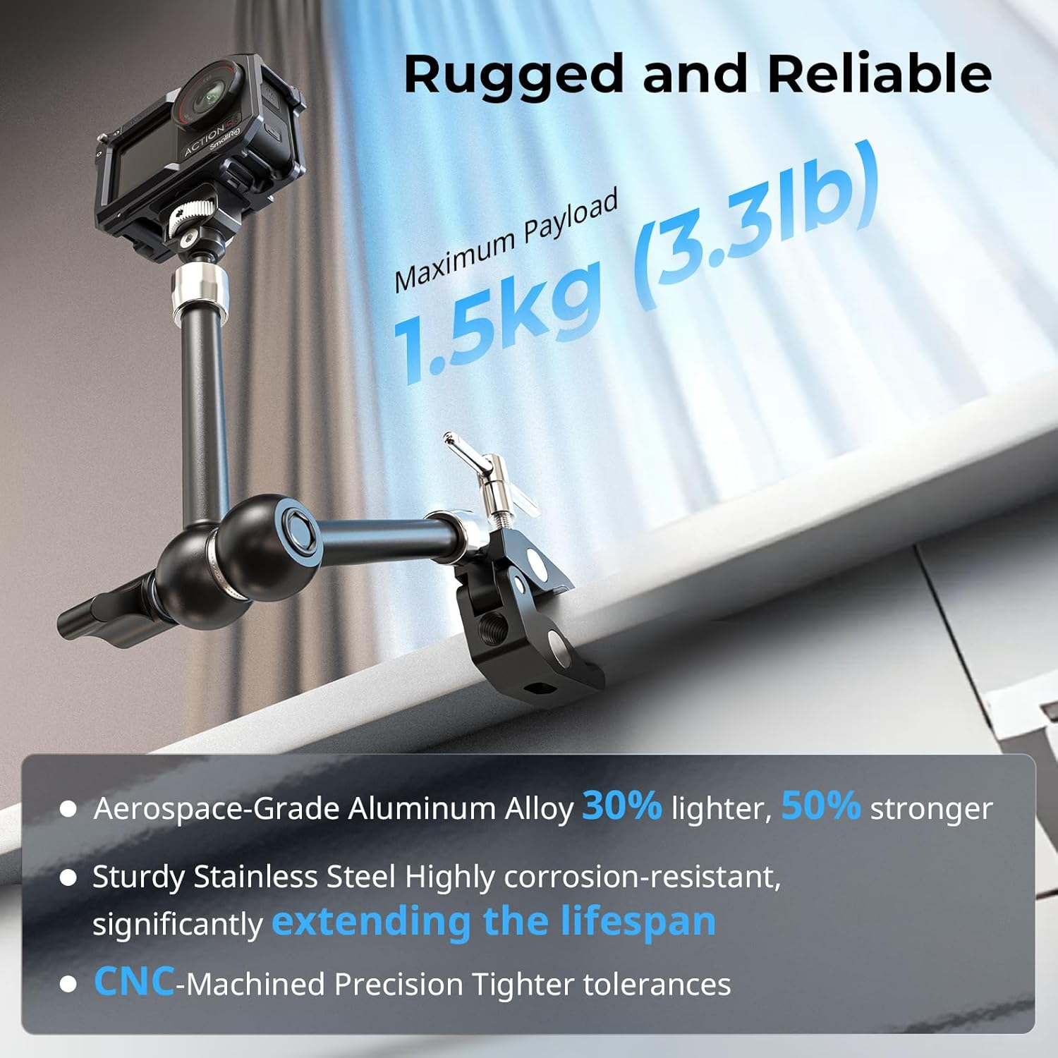 SMALLRIG 11 Inch Magic Arm with Crab-Shaped Clamp, Arm with 1/4"-20 Screw and Retractable Pins, for Action Cameras, Monitors, Video Lights, and Microphones - 5311 image number 3