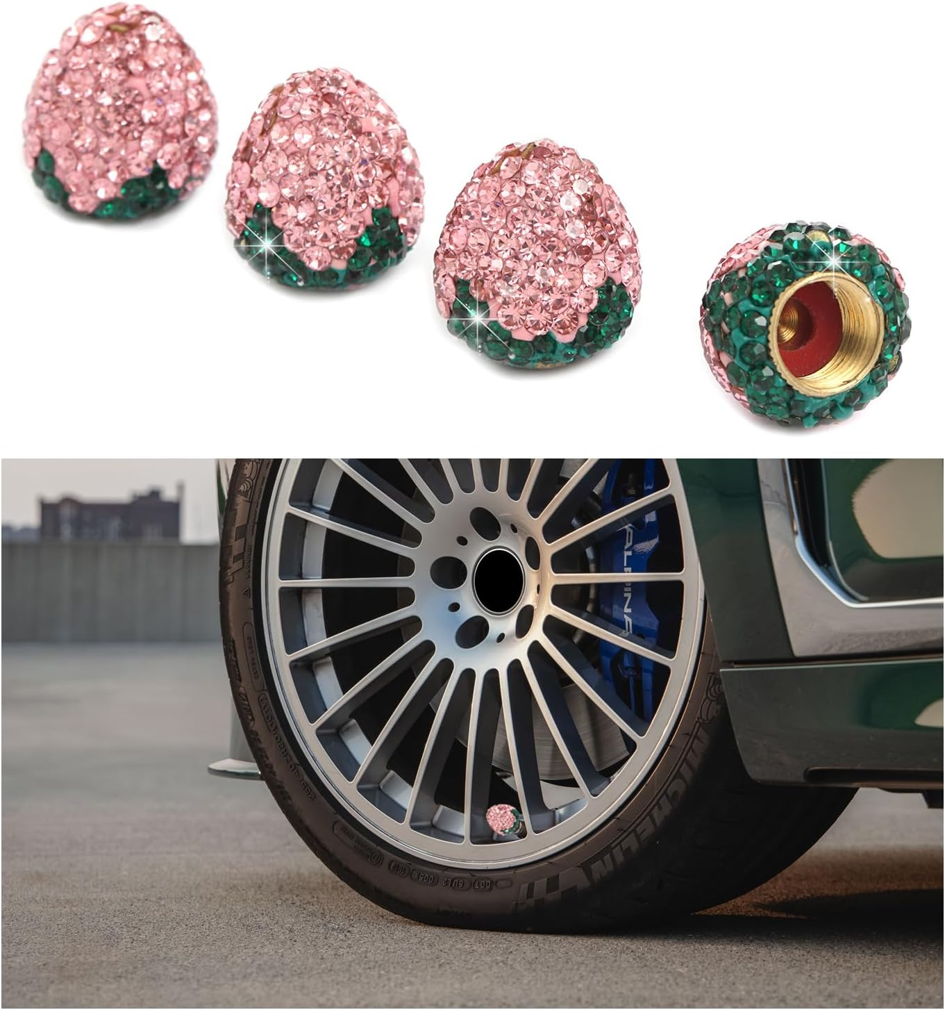 Ziciner 4PCS Strawberry Car Tire Valve Stem Caps, Bling Crystal Rhinestone Tire Valve Stem Covers, Dustproof Wheel Valve Covers for Women, Universal Car Accessories for Most Vehicles (Red)