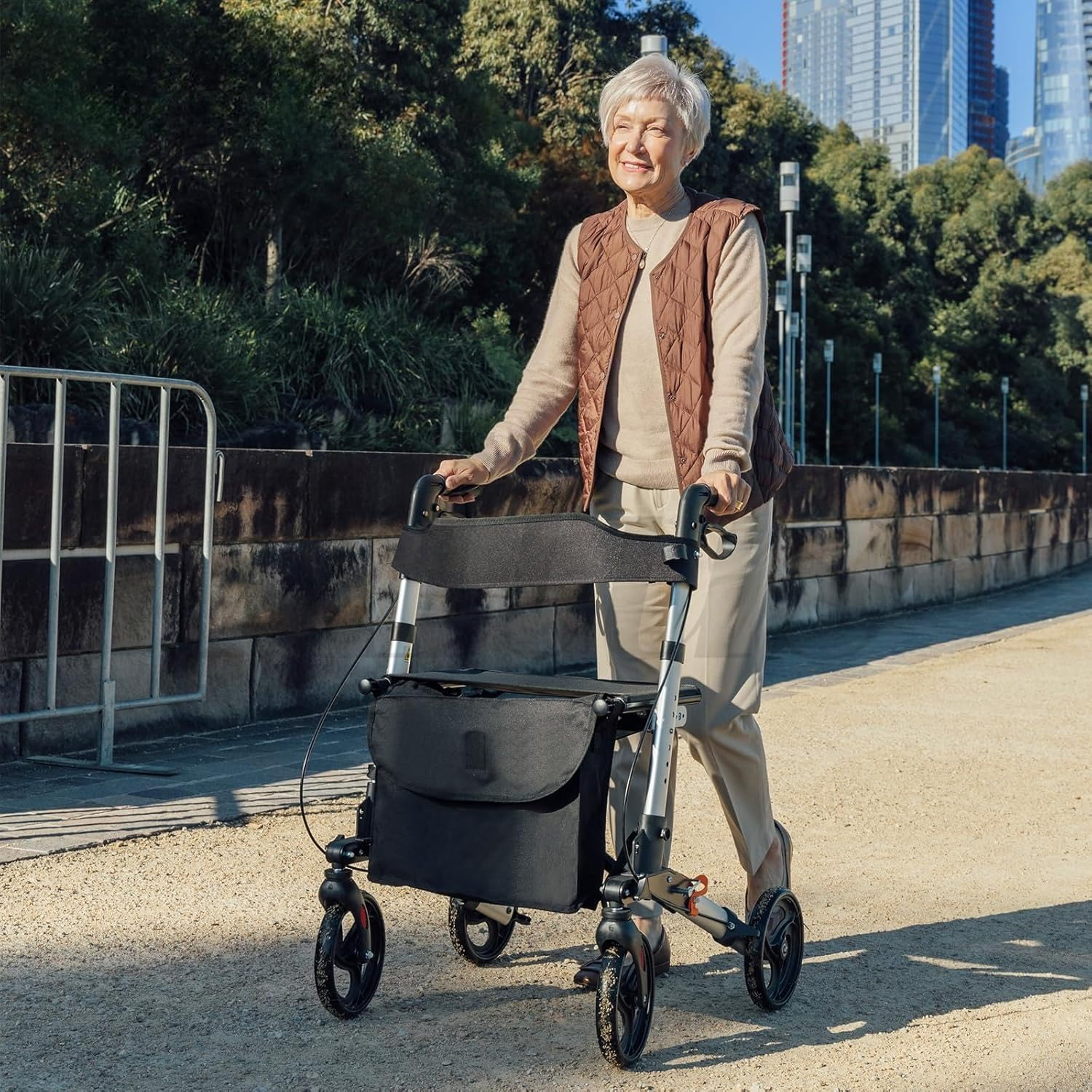 Rollator Walker, Upright Rollator Walker, Aluminum Lightweight Folding Height Adjustable Fit Elderly 4 Wheel and Removable Back Support image number 4