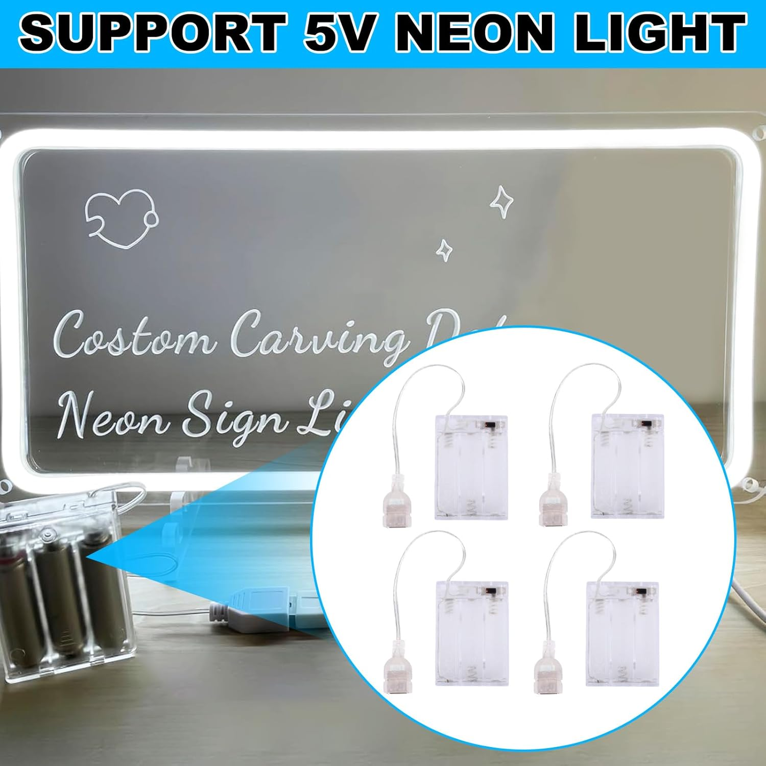 BTFO 4Pcs Battery Pack for 5V LED Neon Signs, Transparent USB Neon Light Battery Box Converts USB Lights to Battery-Operated image number 5