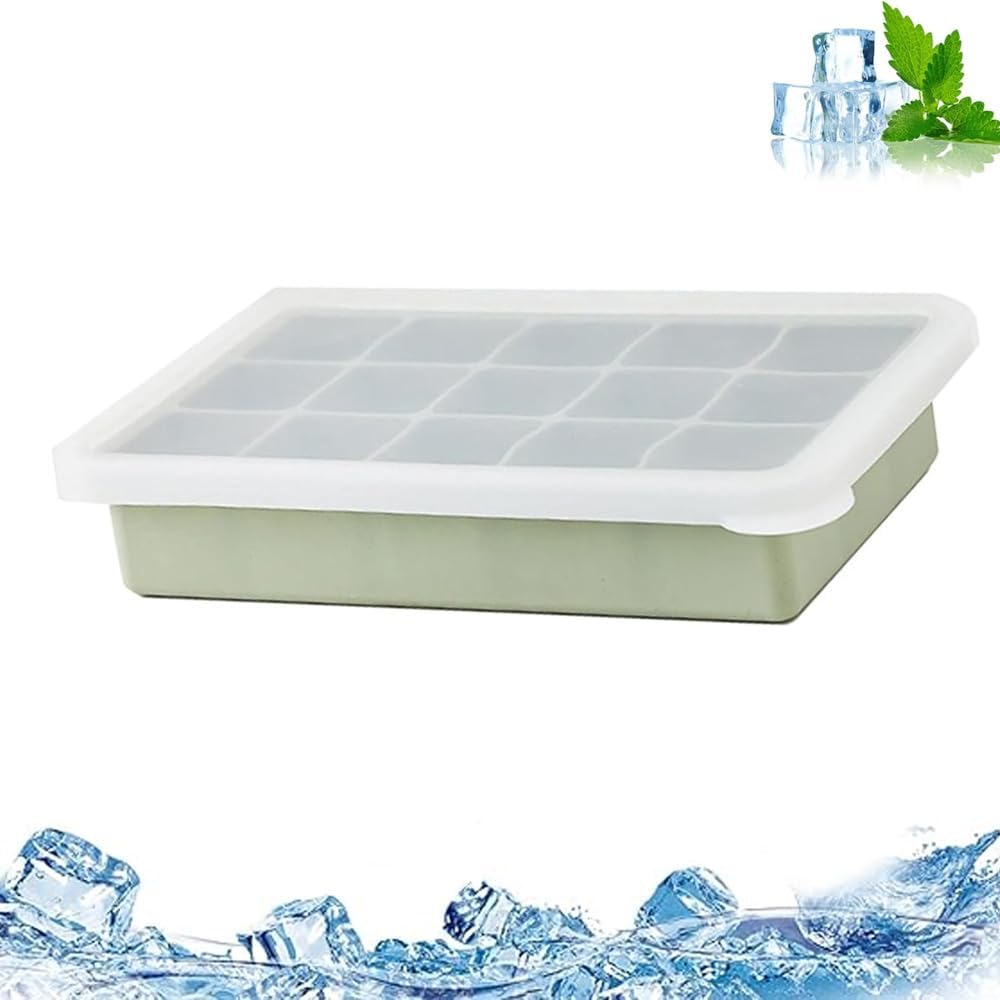 Ice Cube Tray, Silicone Ice Cube Moulds with Lid, BPA Free and Reusable for Freezer Containers, Whisky, Cocktails, Drinks(Green-1)