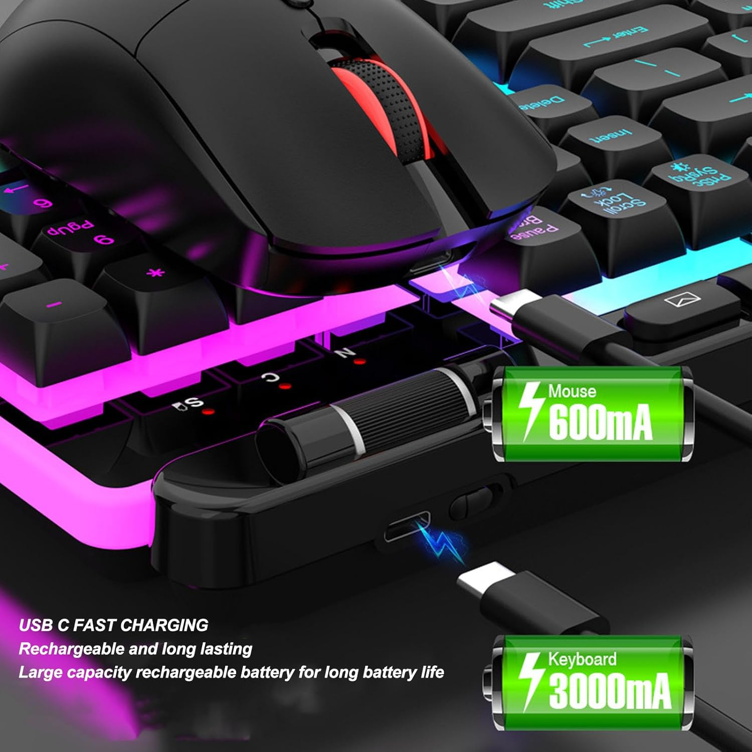 Cordless Keyboard and Mouse Combo, RGB Backlit, Full Size, 2.4Ghz Quiet Keyboard Mouse Ergonomic Keyboard Mouse, 3 Level Adjustable DPI for PC, Laptop image number 5